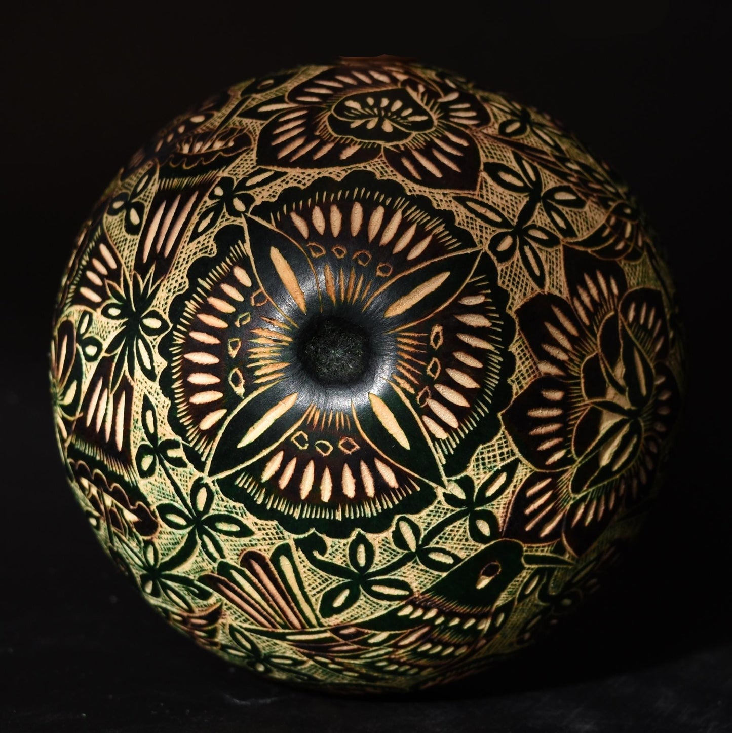 Folk Art Carved Gourd Birds Flowers hand carved Sacred Valley Peru G52509