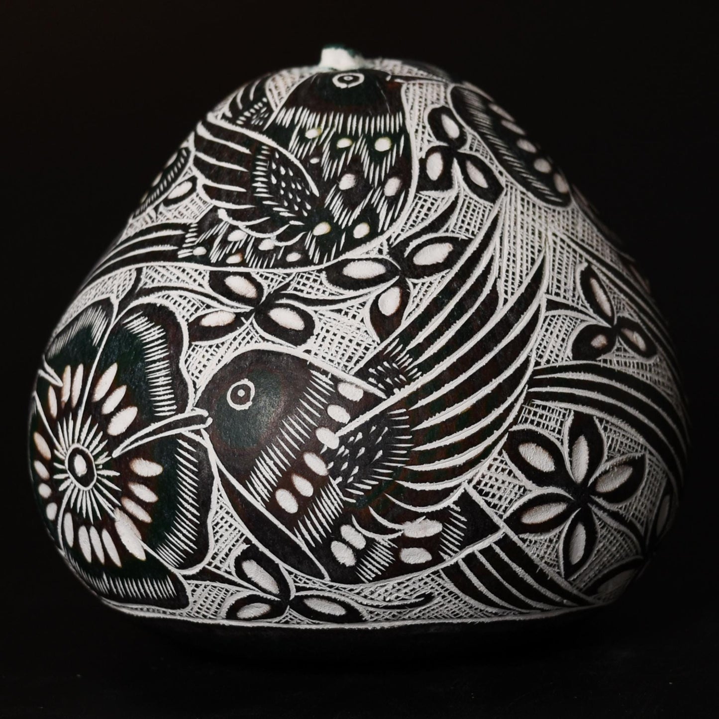Folk Art Carved Gourd Birds Flowers hand carved Sacred Valley Peru G52510