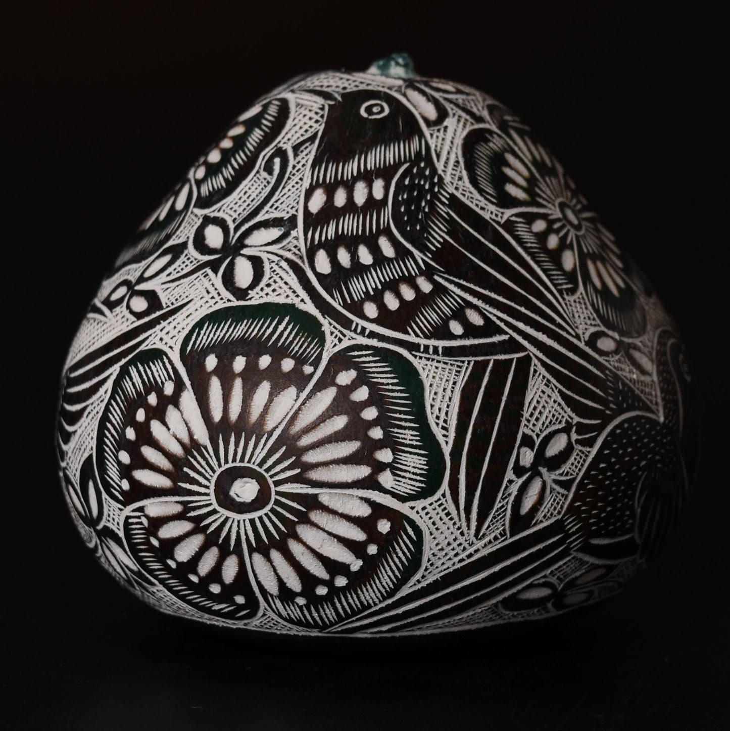 Folk Art Carved Gourd Birds Flowers hand carved Sacred Valley Peru G52510