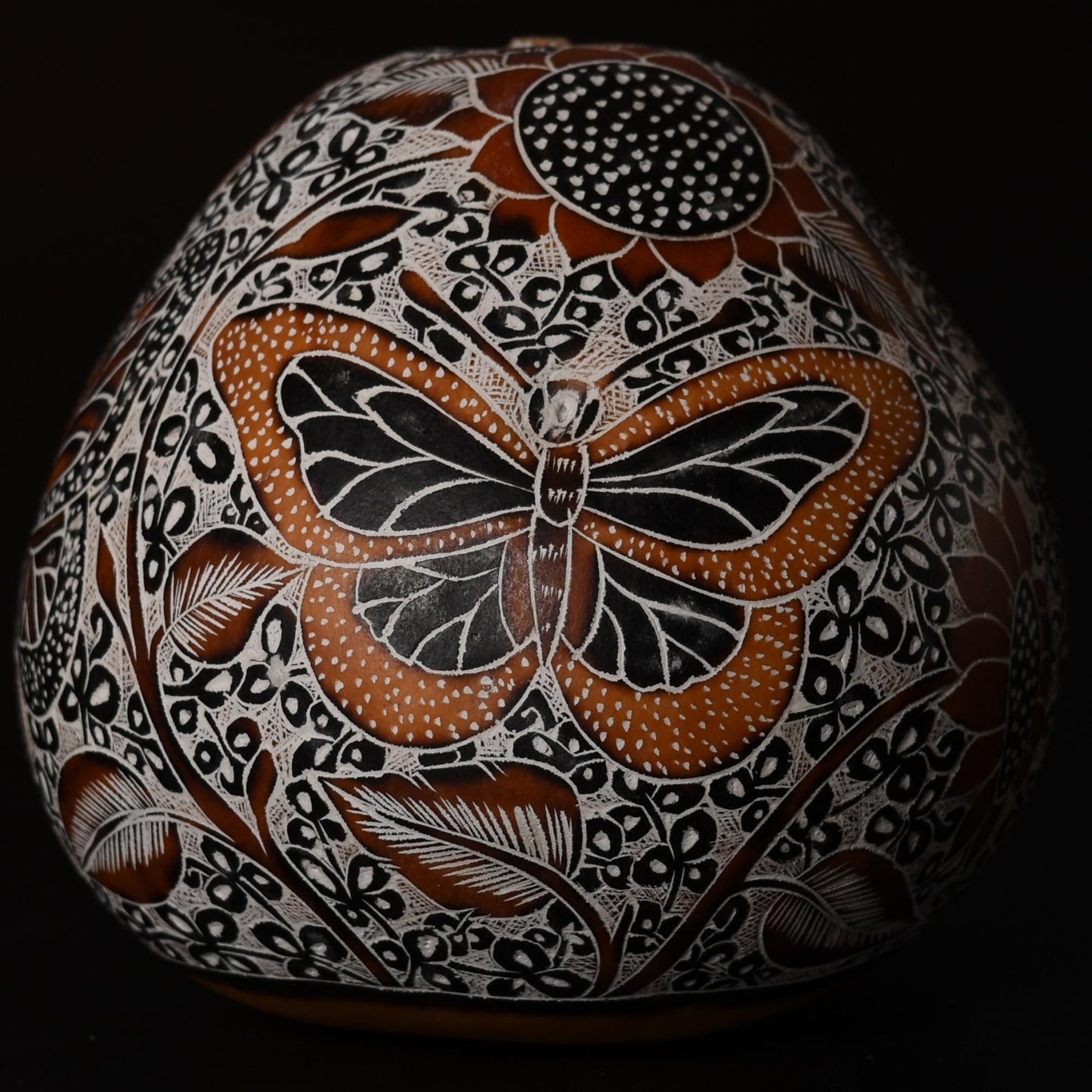 Folk Art Carved Gourd Butterflies Flowers hand carved Sacred Valley Peru G52511