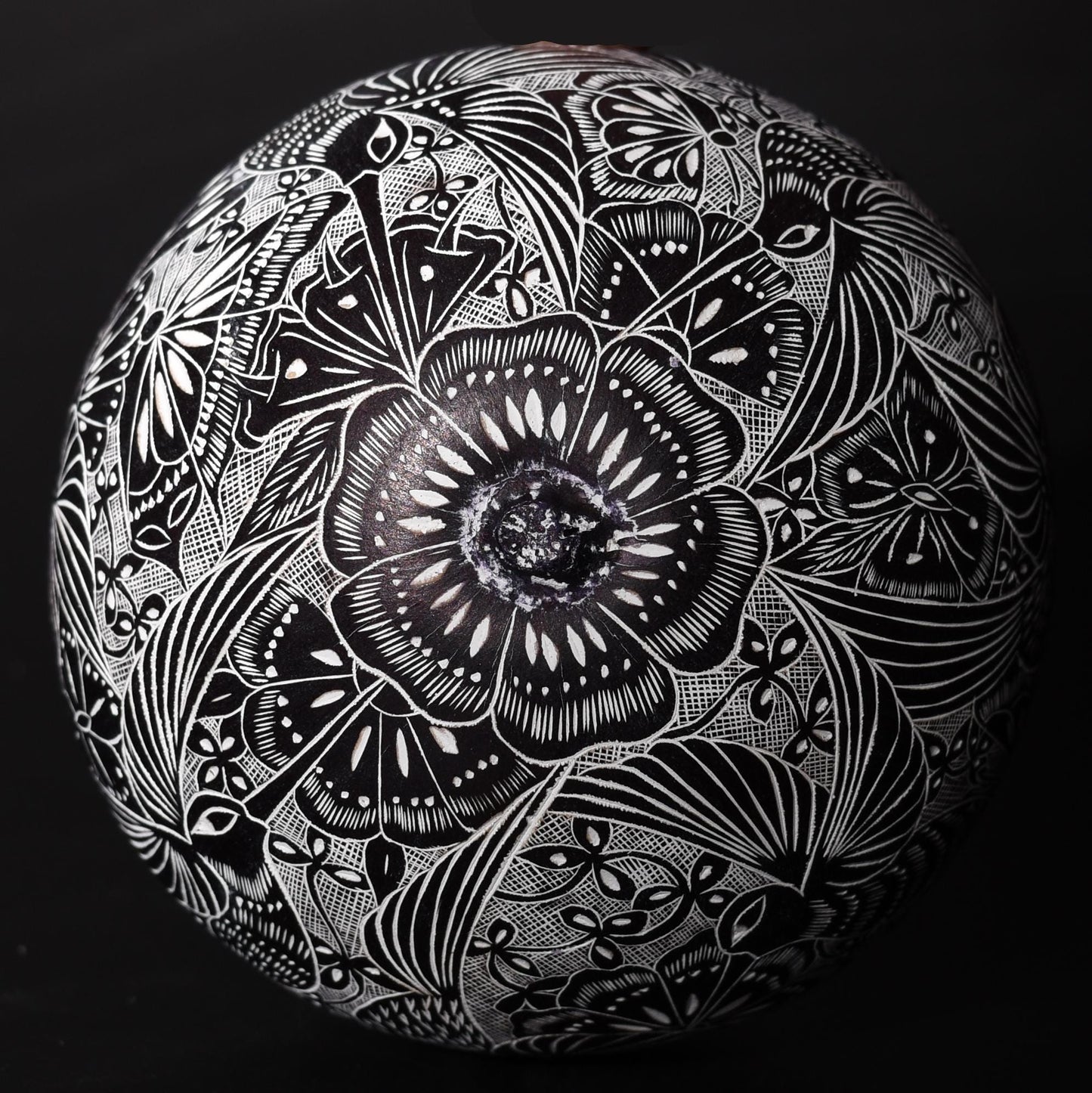 Folk Art Carved Gourd Hummingbirds Flowers hand carved Sacred Valley Peru G52514