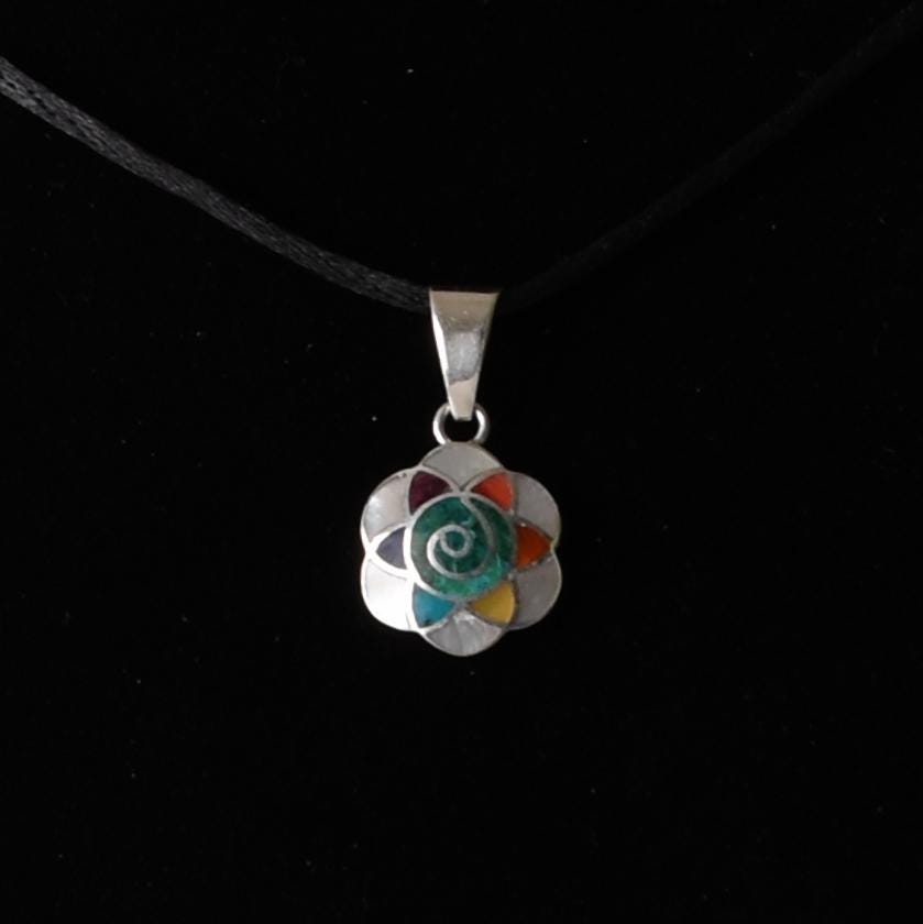 Flower of Life and Pachamama Pendant with Stone and Abalone Inlay Peru 950 Silver Sacred Valley P52506
