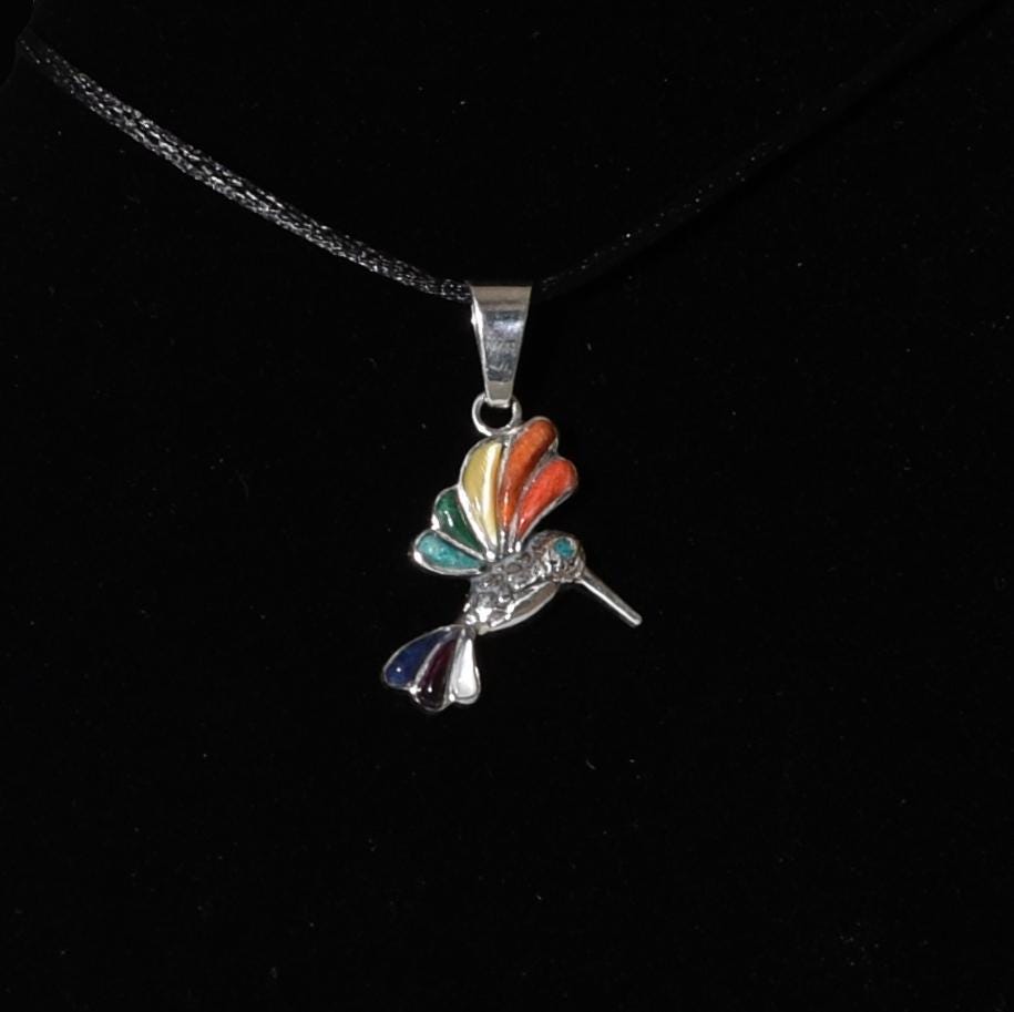 Hummingbird Pendant with Stone Inlay Peru 950 Silver Sacred Valley P52509