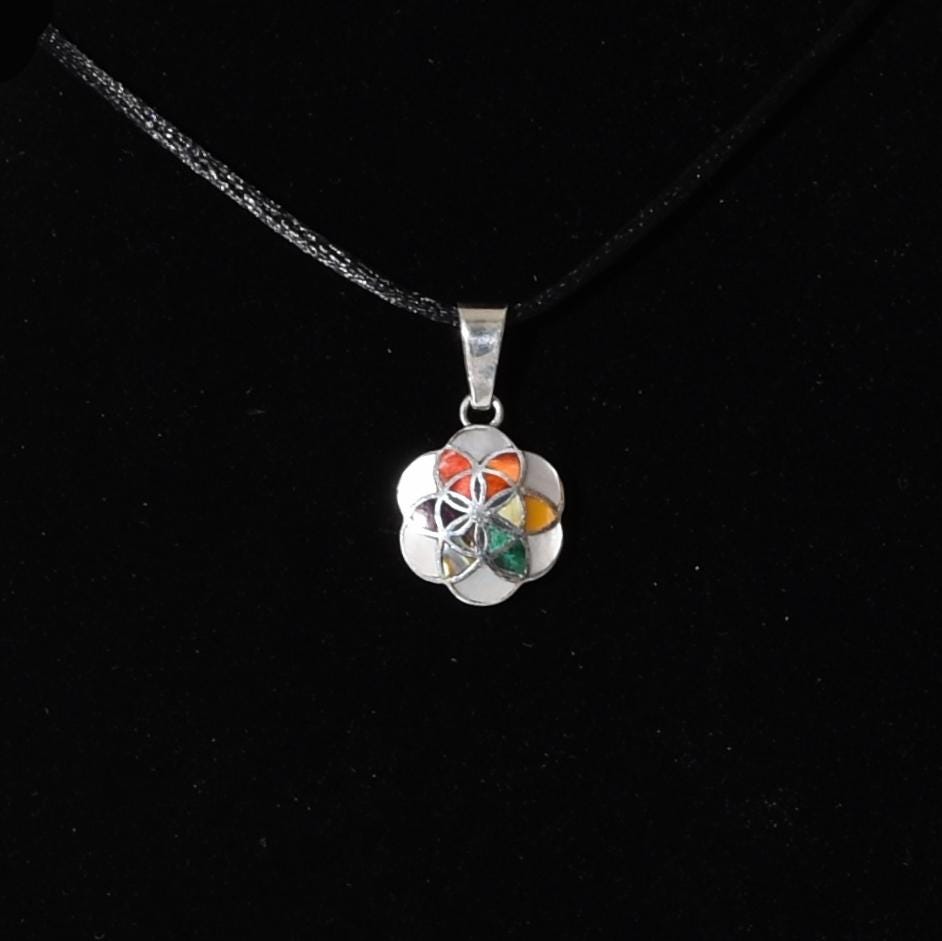 Flower of Life Mandala Pendant with Stone and Abalone Inlay Peru 950 Silver Sacred Valley P52514