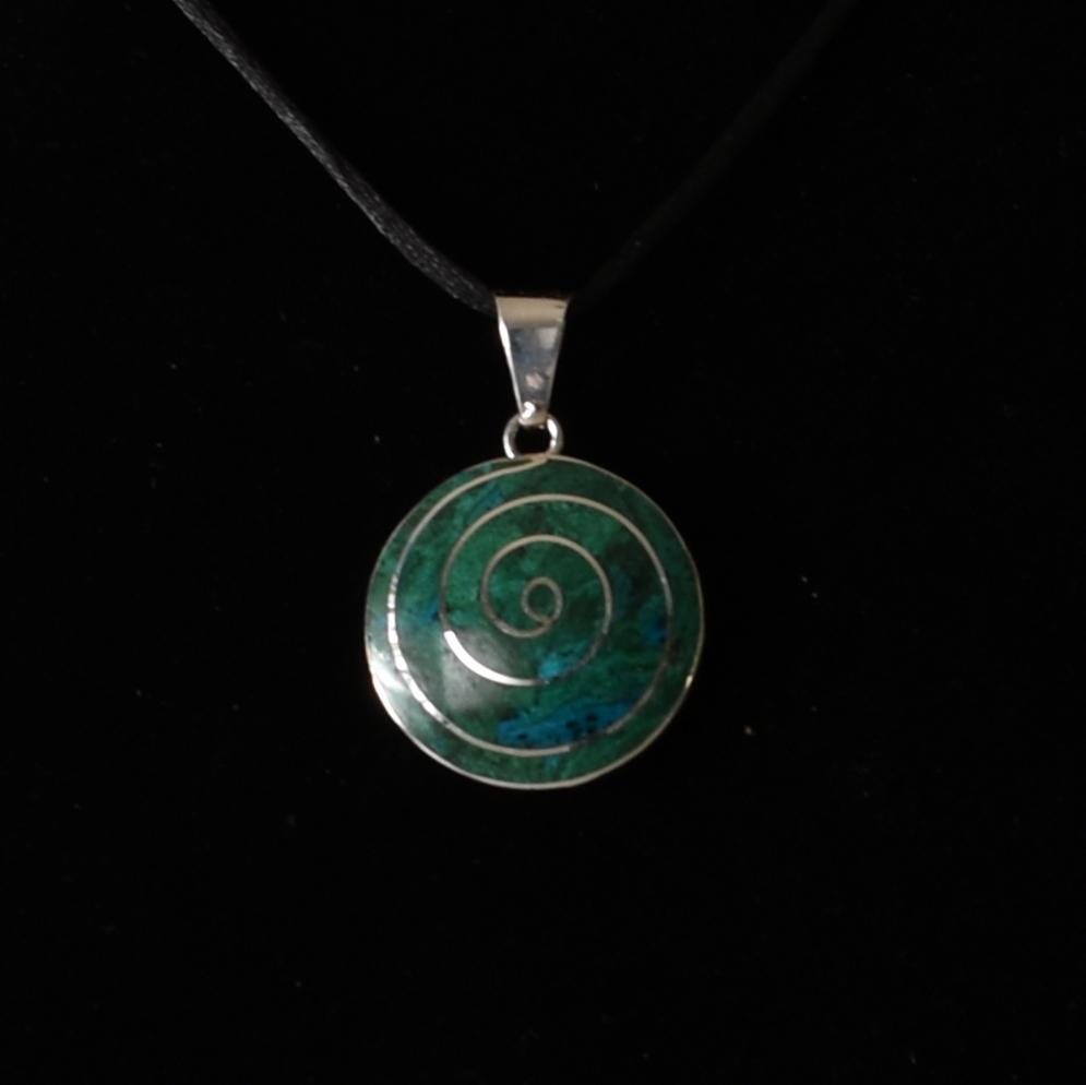 Pachamama Spiral Pendant with Stone Inlay and Seven Chakra Stones Peru 950 Silver Sacred Valley P52519