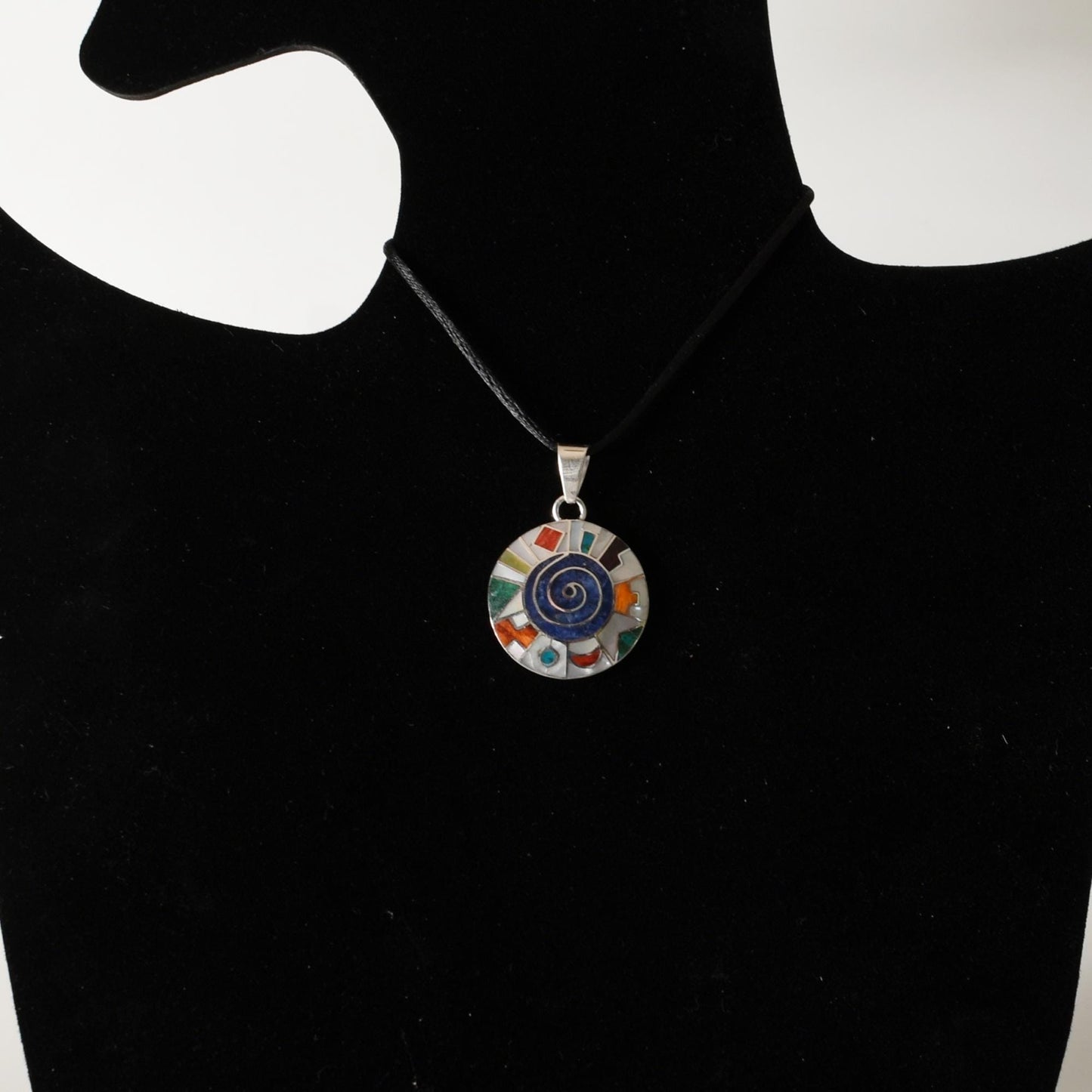 Pachamama Spiral Pendant with Stone and Abalone Inlay and Seven Chakra Stones Peru 950 Silver Sacred Valley P52527