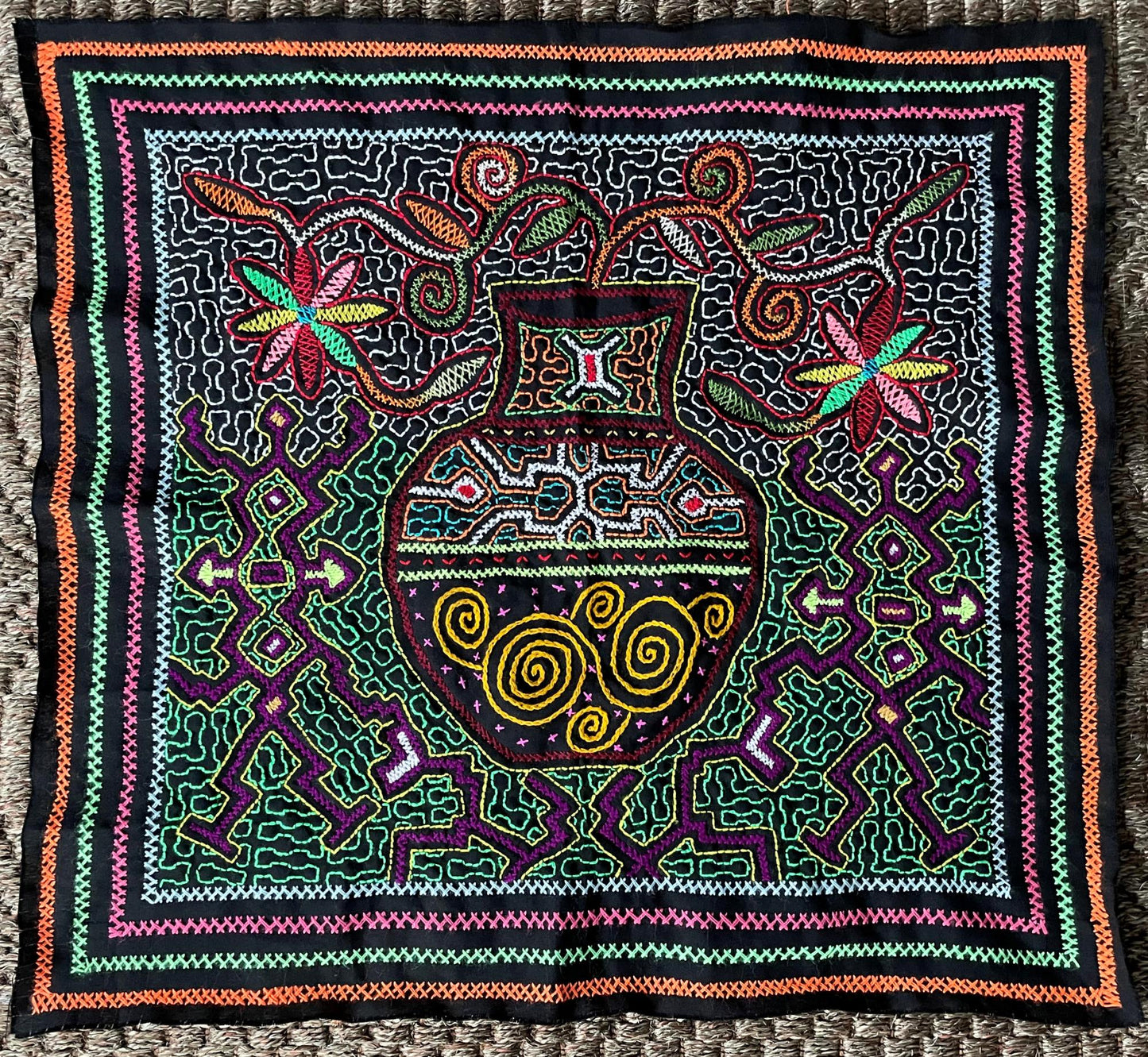 Shipibo Hand Embroidered Tapestry Altar Cloth Vase Flowers Ayahuasca Vine 21" x 22.5" P2504