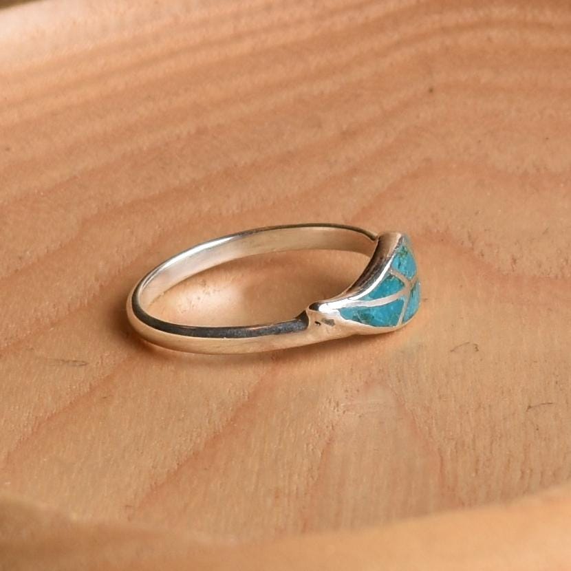 Coca Leaf Ring Size 8 Peru 950 Silver with Turquoise Inlay Sacred Valley R52512