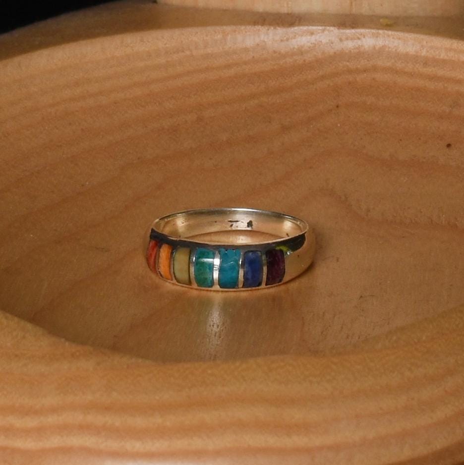Seven Chakras Ring Size 9 Peru 950 Silver and Stone Inlay Sacred Valley R52516