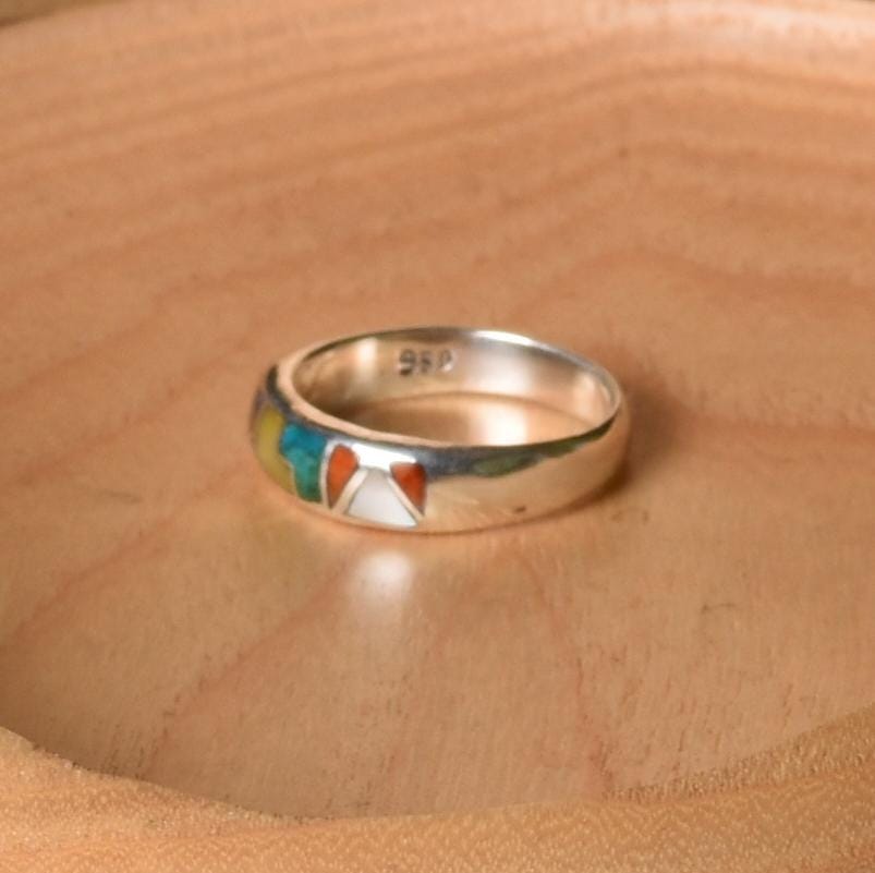 Inca Calendar Ring Size 8 Sacred Valley Peru 950 Silver Stone and Abalone Inlay R52519