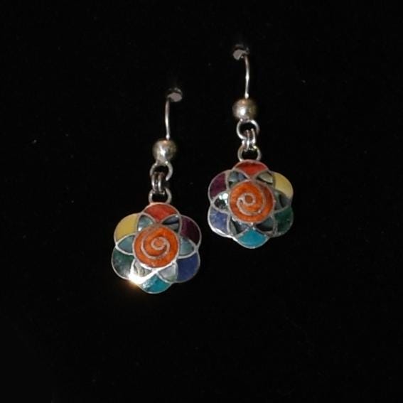 Flower of Life Earrings 950 Silver with Stone and Abalone Inlay Peru Sacred Valley E52501