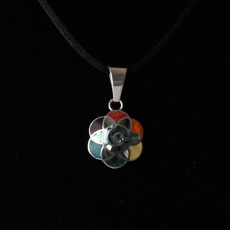 Flower of Life Mandala Pendant with Stone and Abalone Inlay Peru 950 Silver Sacred Valley P52532