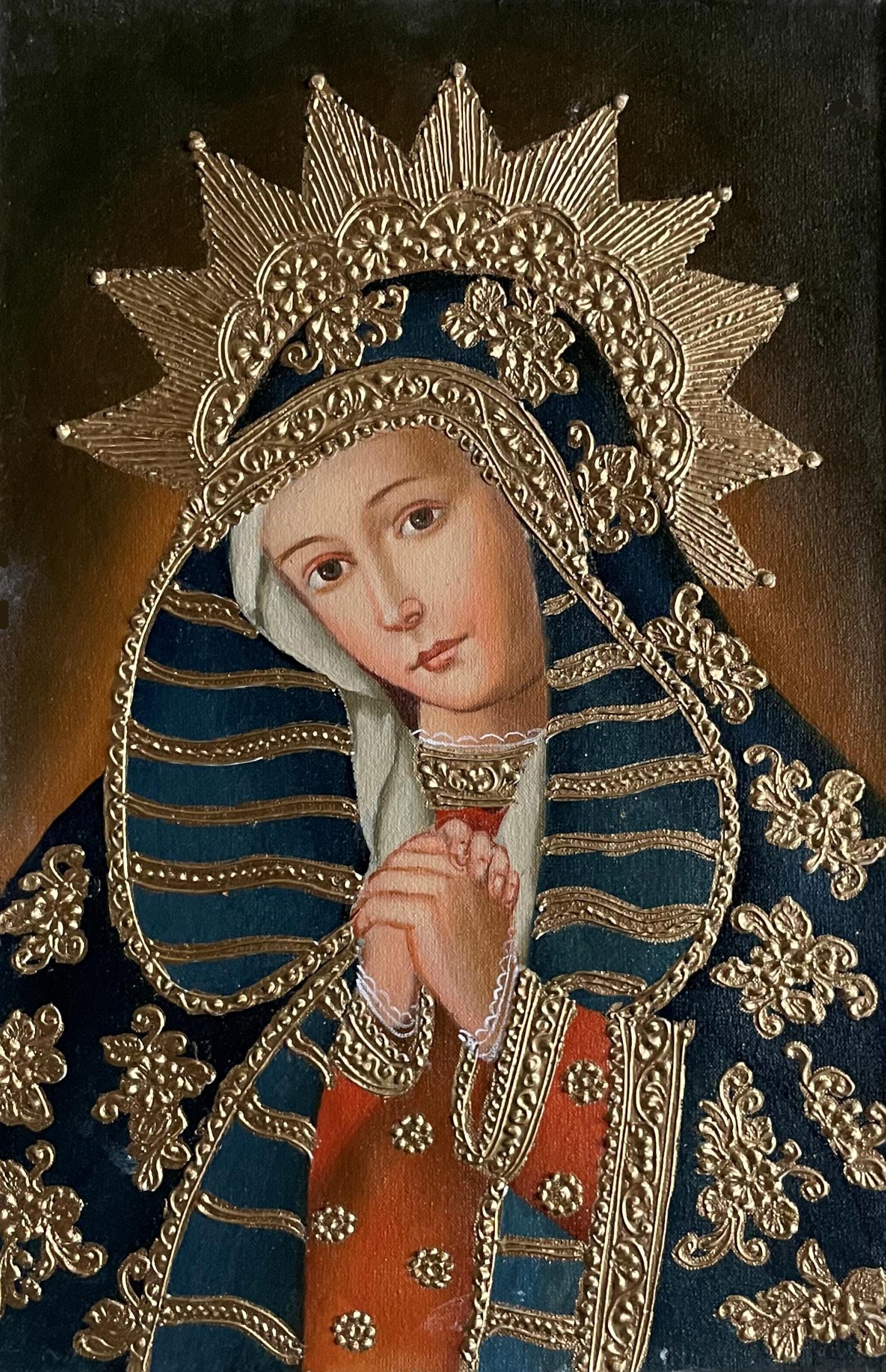 Madonna Virgin Mary Original Painting Oil on Canvas Cusco School 7 3/8 x 11 1/4 CS52531