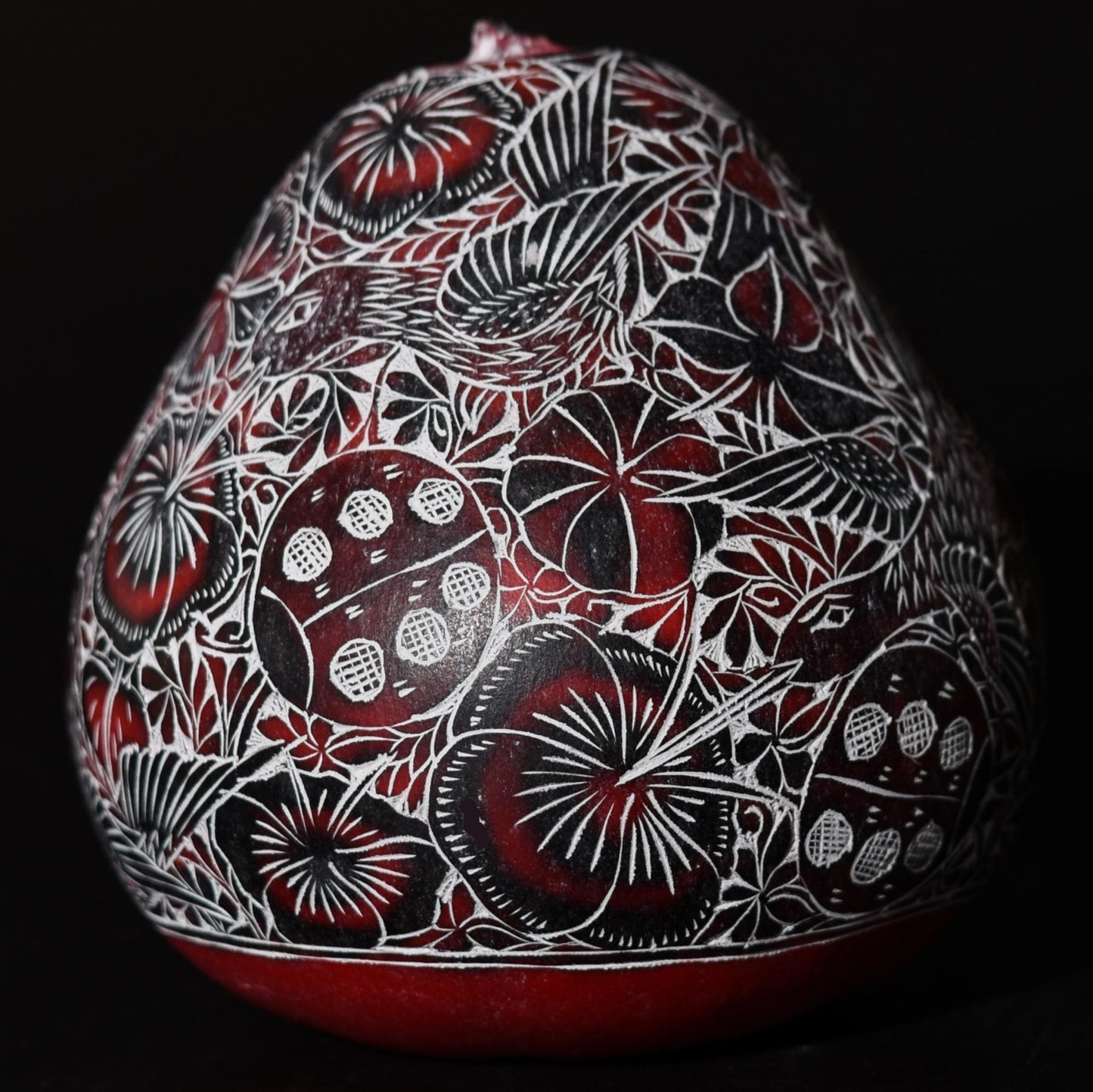 Folk Art Carved Gourd Birds Flowers Ladybugs hand carved Sacred Valley Peru G52501