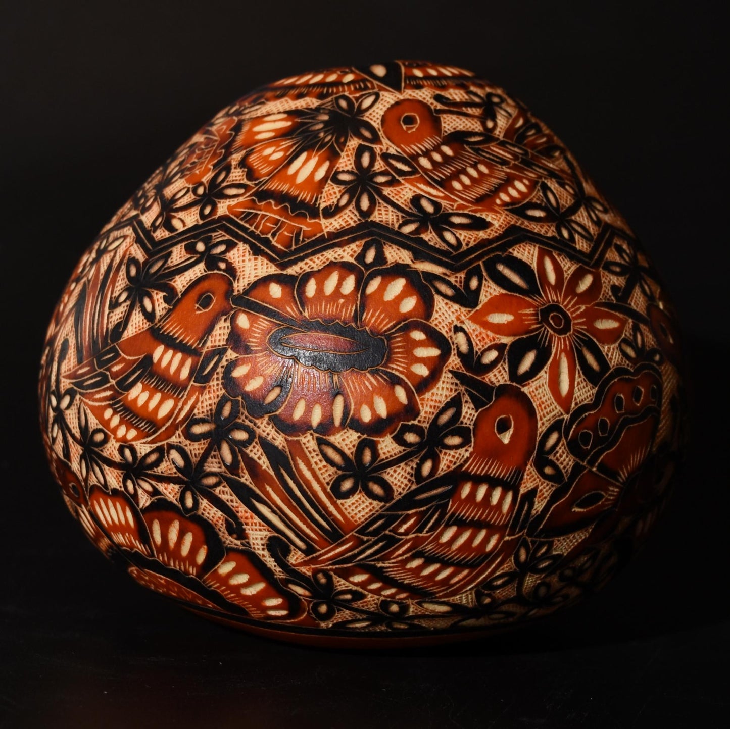 Folk Art Carved Gourd Birds Flowers hand carved Sacred Valley Peru G52502