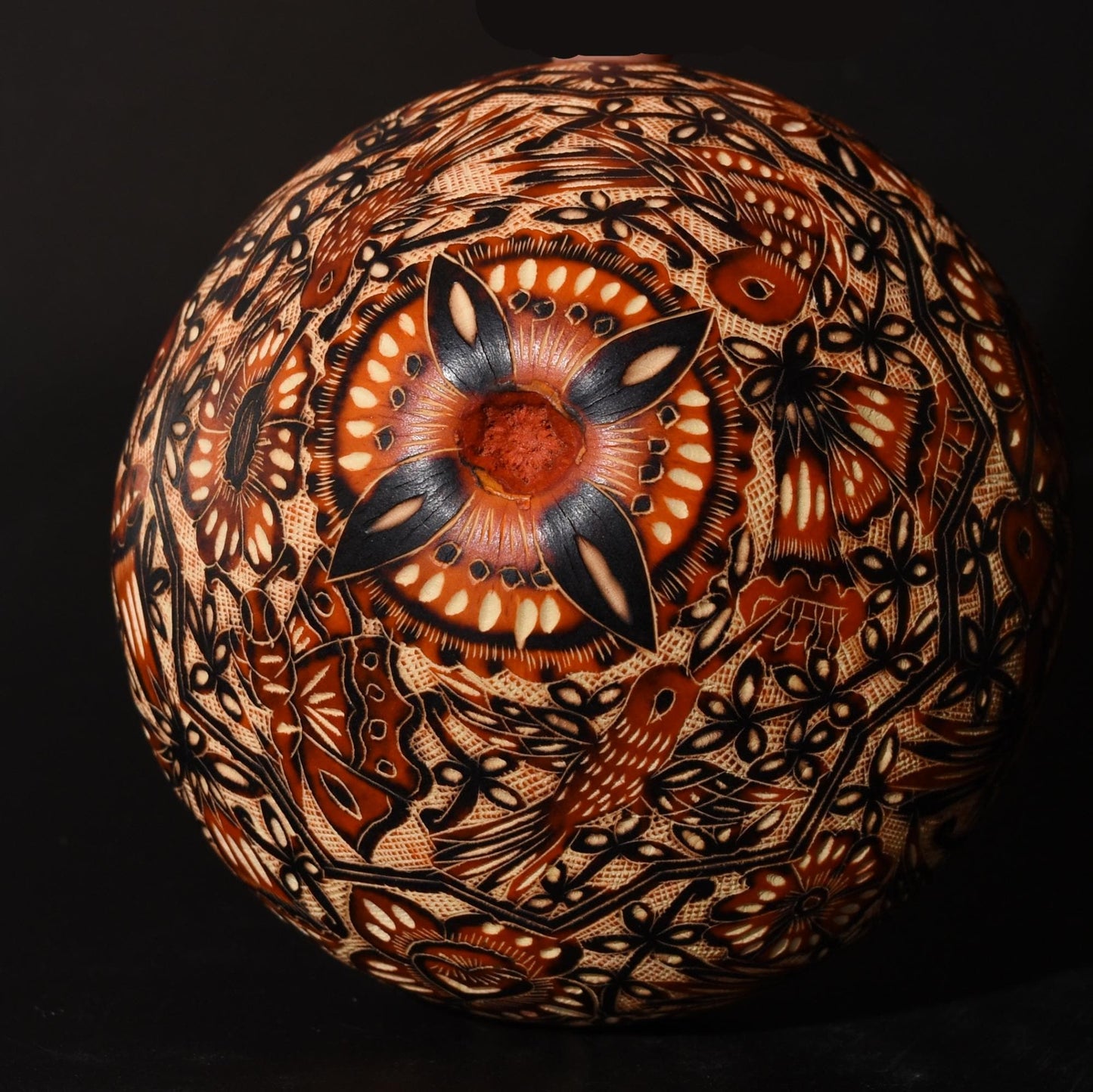 Folk Art Carved Gourd Birds Flowers hand carved Sacred Valley Peru G52502