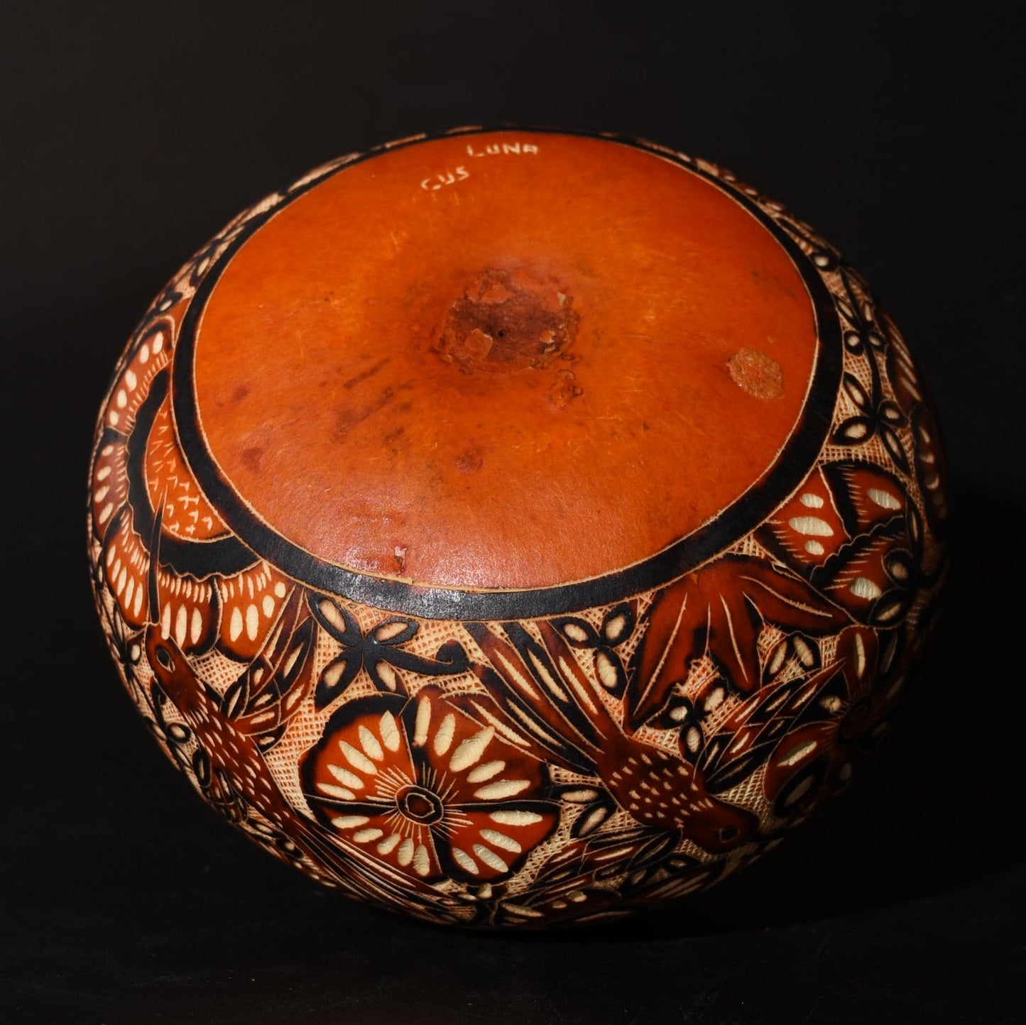 Folk Art Carved Gourd Birds Flowers hand carved Sacred Valley Peru G52502