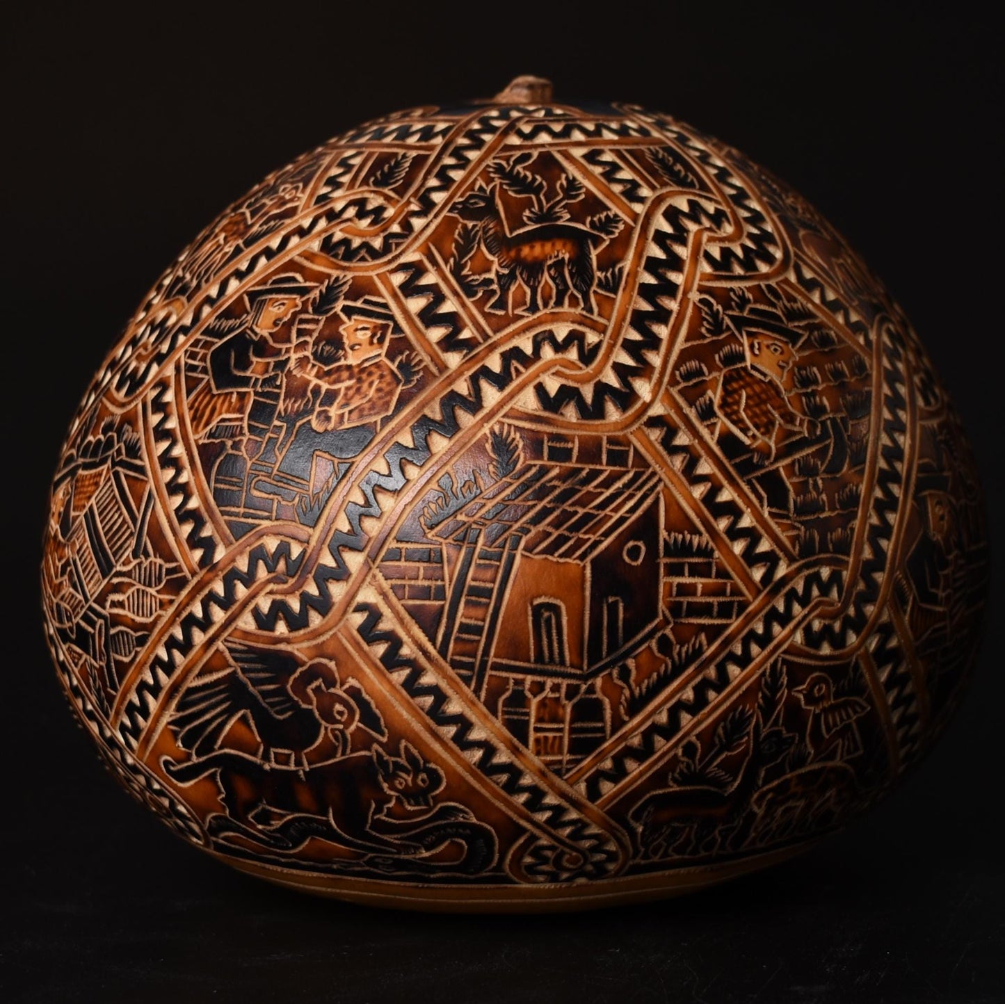 Folk Art Carved Gourd Rural Scenes hand carved Sacred Valley Peru G52503