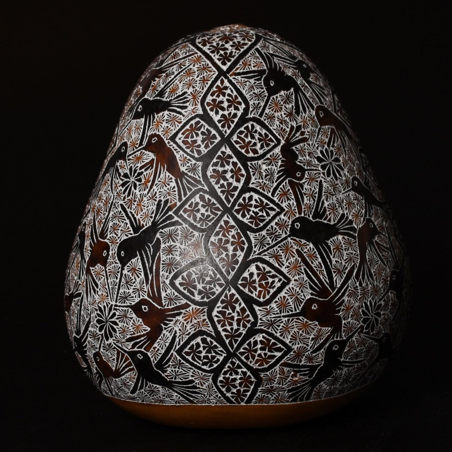 Folk Art Carved Gourd Birds Flowers hand carved Sacred Valley Peru G52506