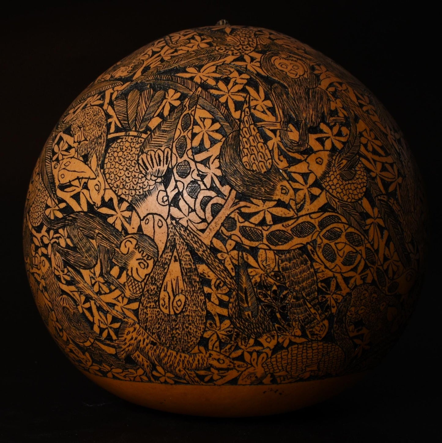 Large Folk Art Carved Gourd Jungle Animals Palm Trees hand carved Sacred Valley Peru G52508