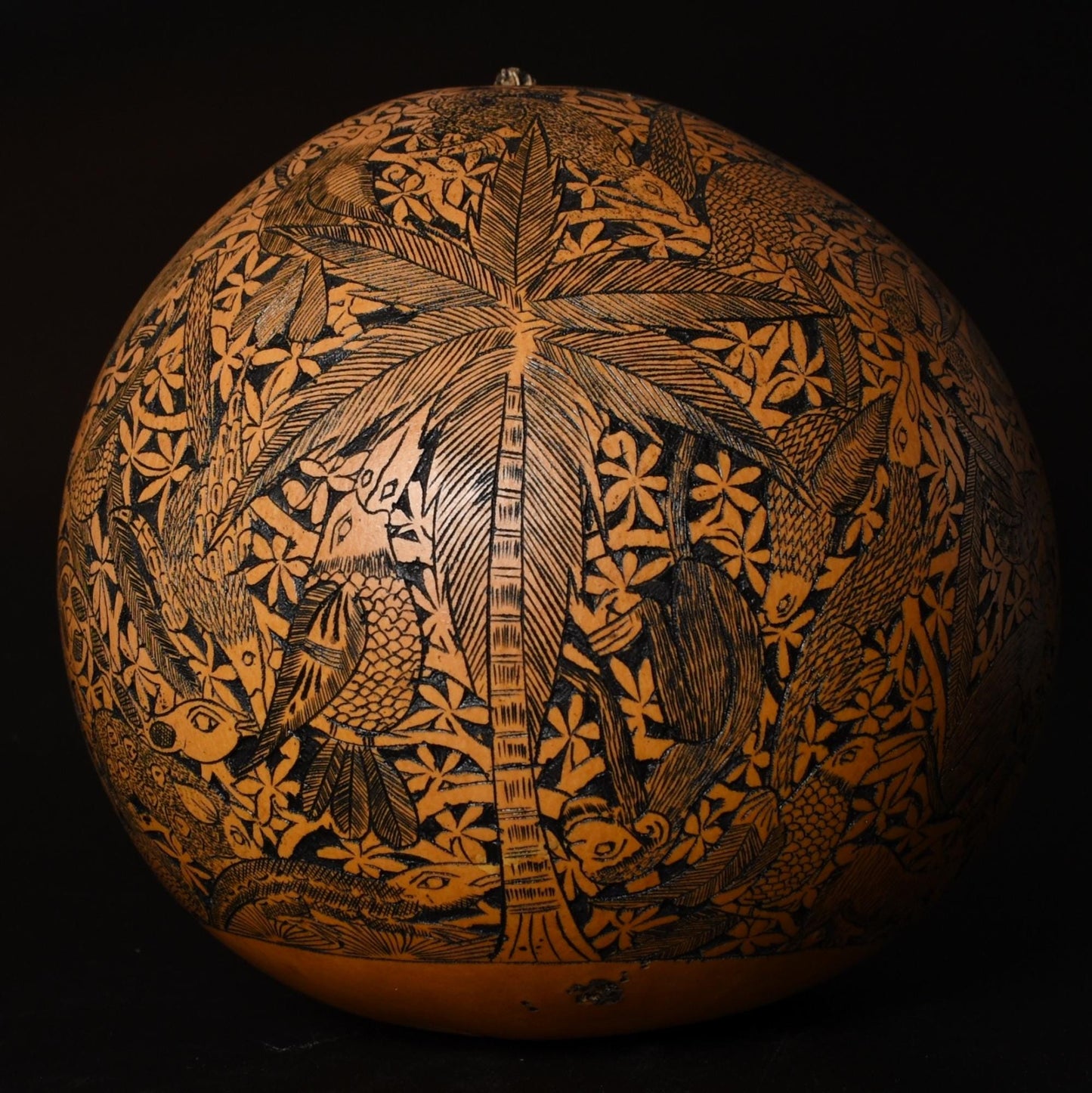 Large Folk Art Carved Gourd Jungle Animals Palm Trees hand carved Sacred Valley Peru G52508