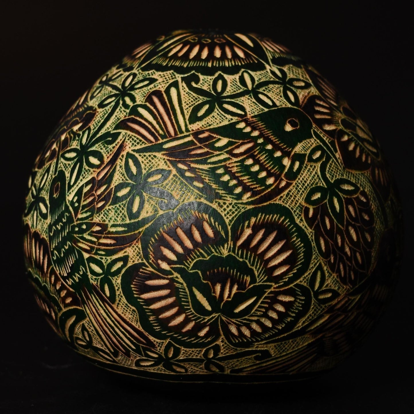 Folk Art Carved Gourd Birds Flowers hand carved Sacred Valley Peru G52509