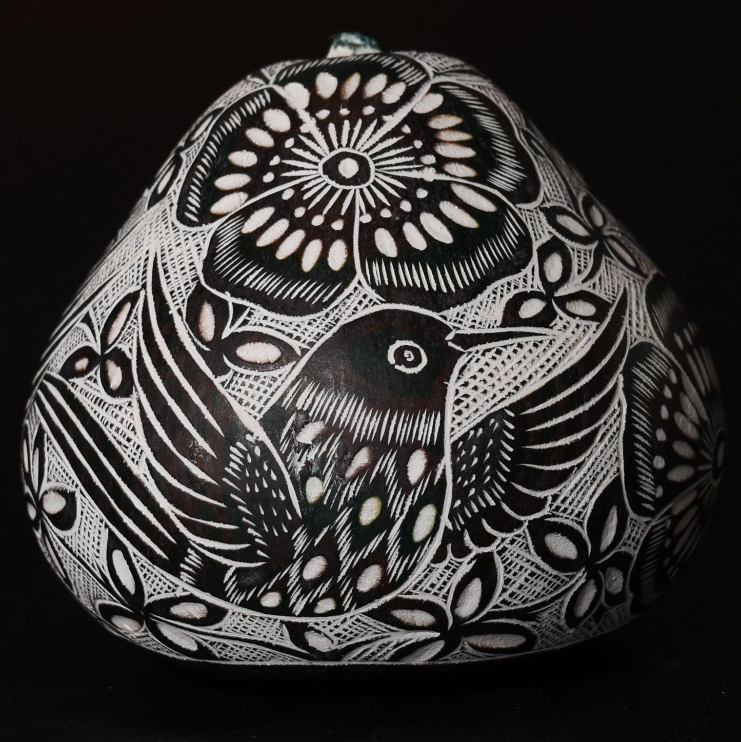 Folk Art Carved Gourd Birds Flowers hand carved Sacred Valley Peru G52510