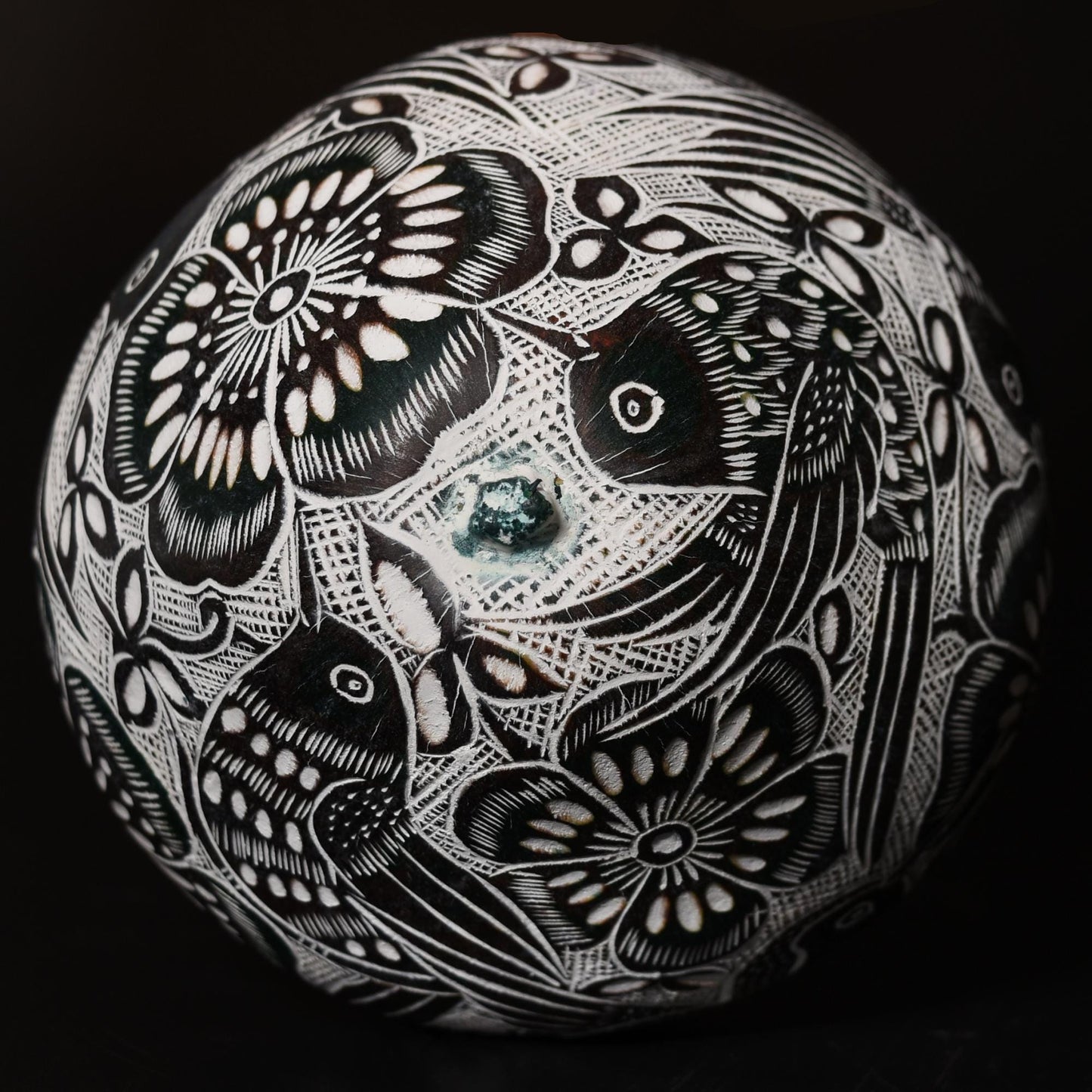 Folk Art Carved Gourd Birds Flowers hand carved Sacred Valley Peru G52510