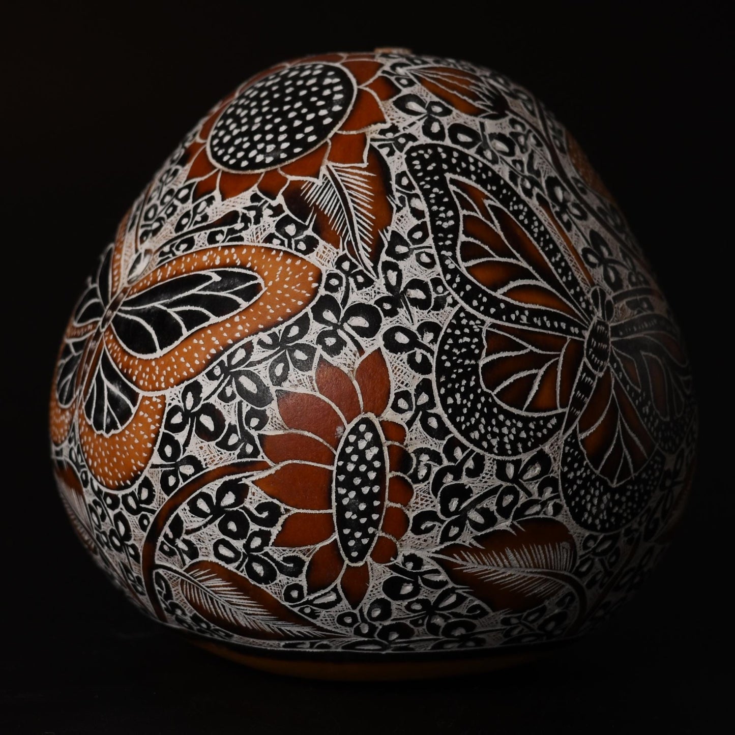 Folk Art Carved Gourd Butterflies Flowers hand carved Sacred Valley Peru G52511