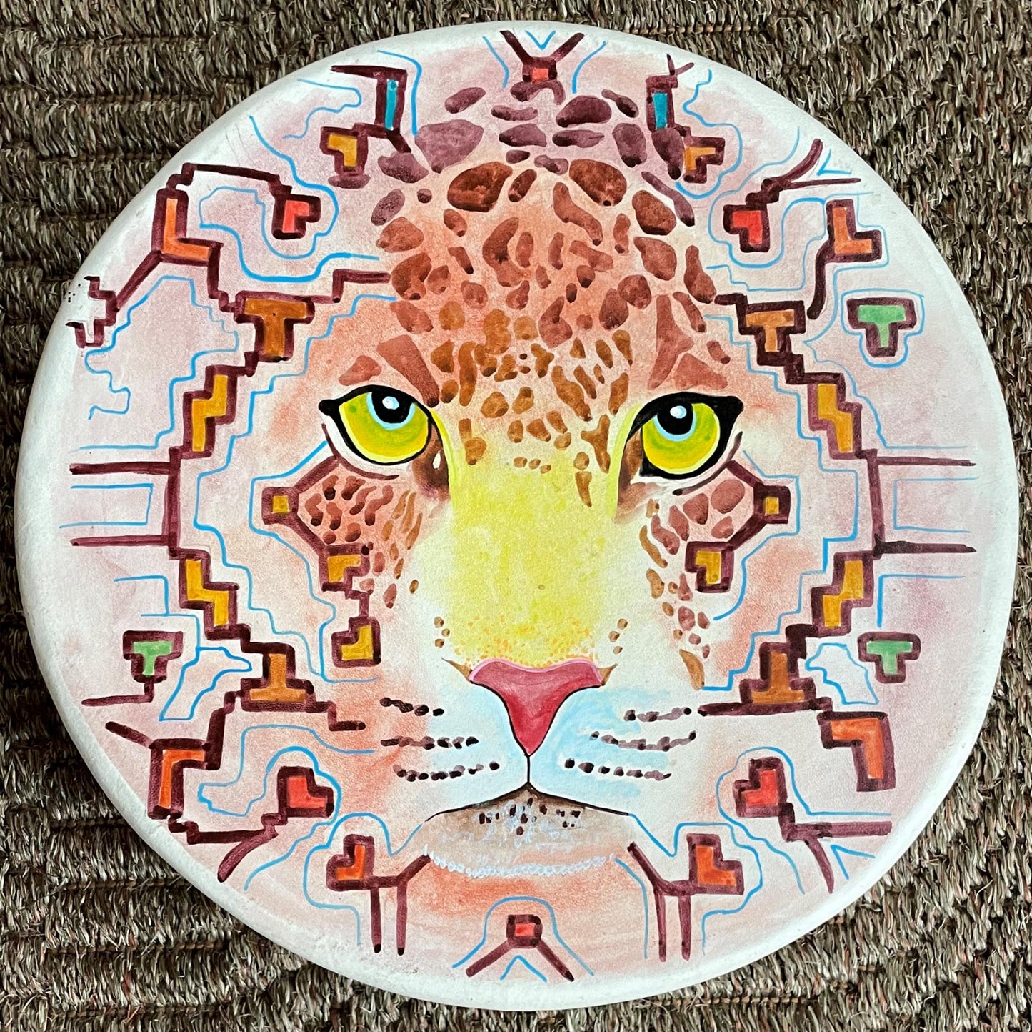 Shaman Drum Hand Made and Hand Painted Jaguar Made in Sacred Valley Peru D52506