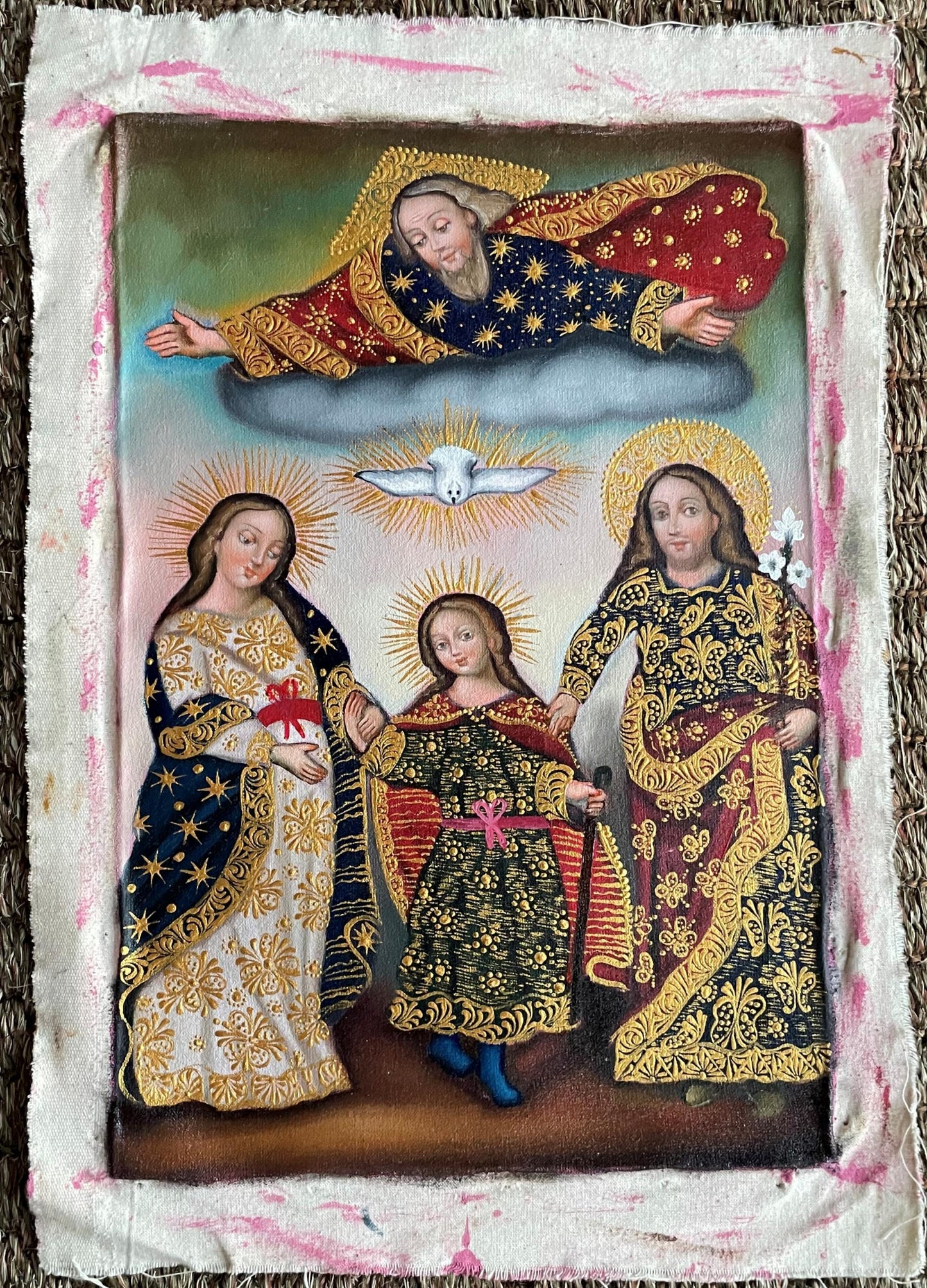 Sacred Family Original Painting Oil on Canvas Cusco School 7 3/8 x 11 1/4 CS52504