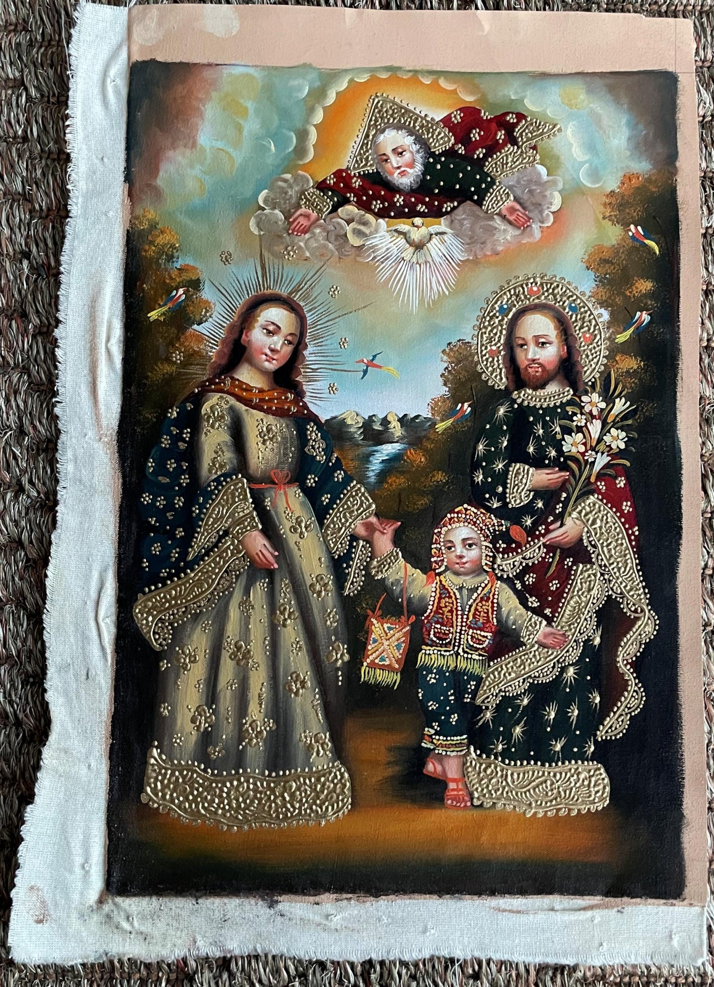 Sacred Family Original Painting Oil on Canvas Cusco School 7 3/8 x 11 1/4 CS52513