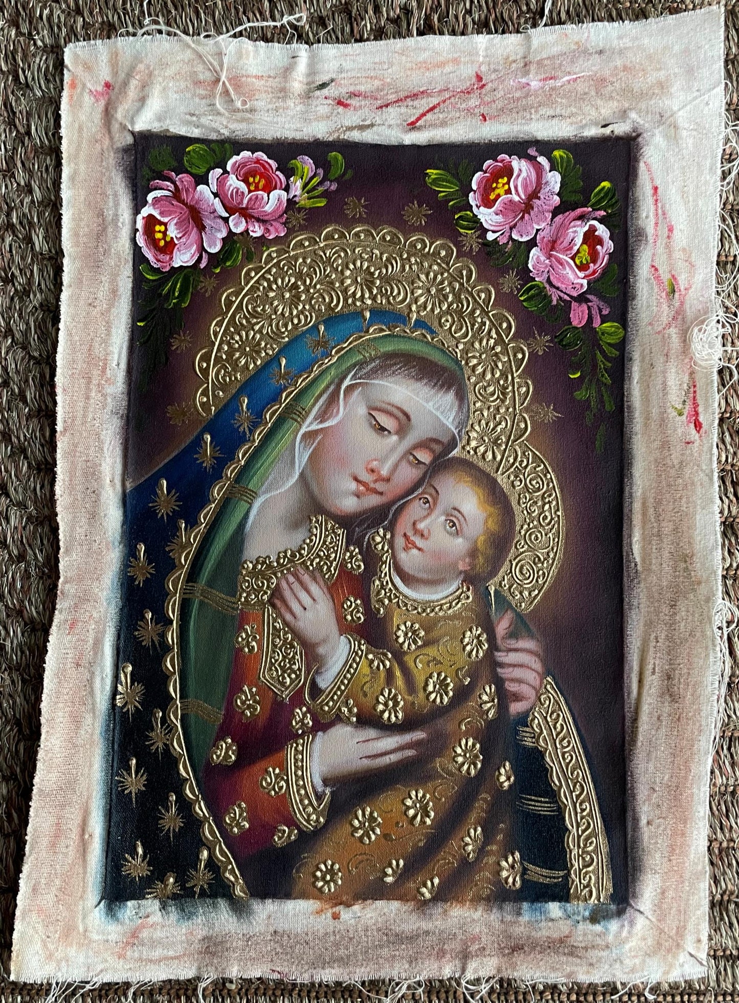 Madonna and Child Original Painting Oil on Canvas Cusco School 7 3/8 x 11 1/4 CS52514