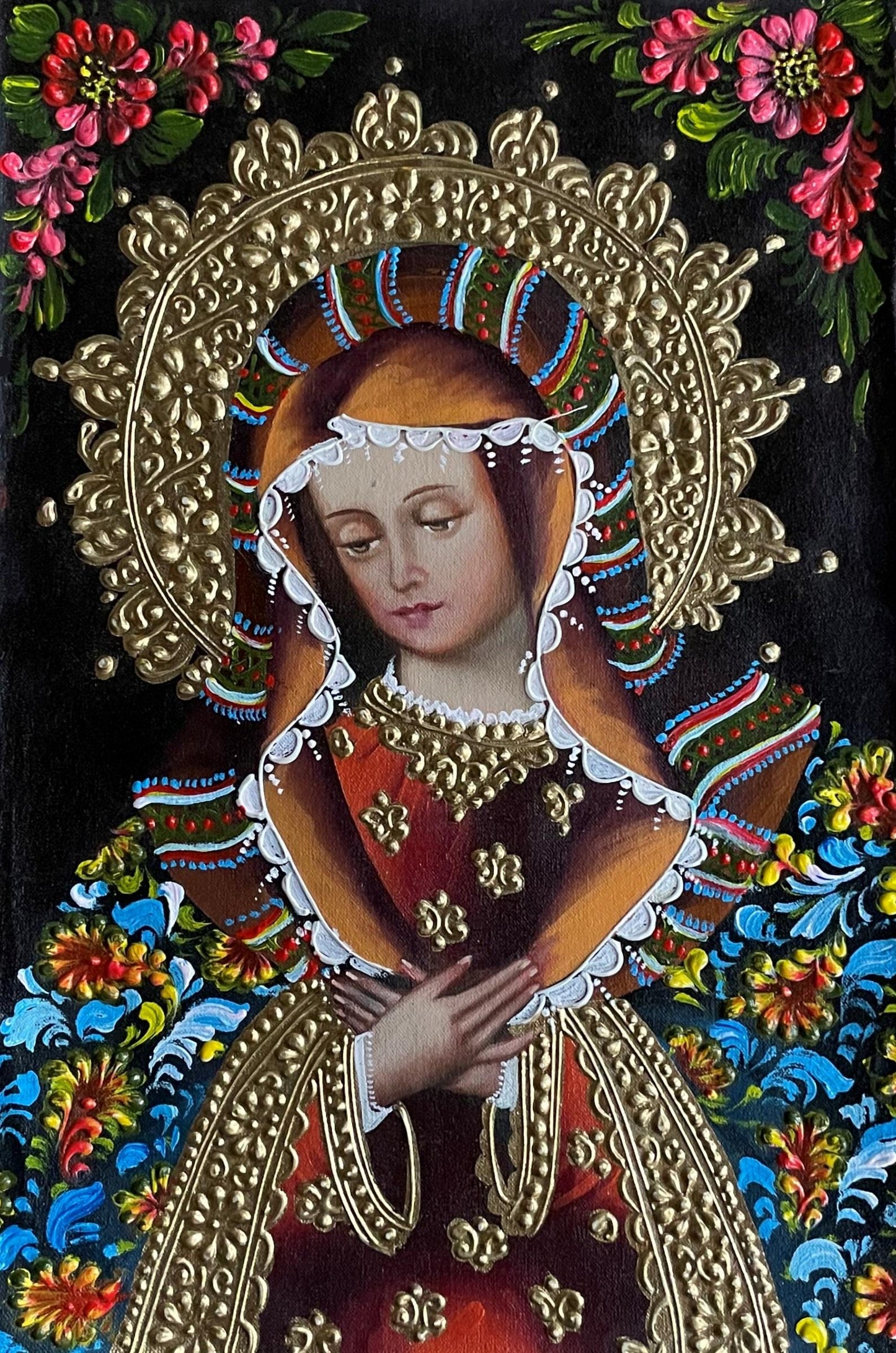 Madonna Virgin Mary Original Painting Oil on Canvas Cusco School 7 3/8 x 11 1/4 CS52516