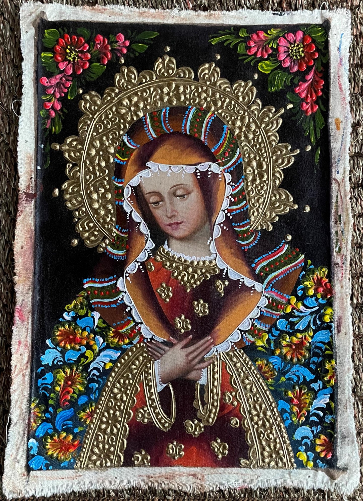 Madonna Virgin Mary Original Painting Oil on Canvas Cusco School 7 3/8 x 11 1/4 CS52516