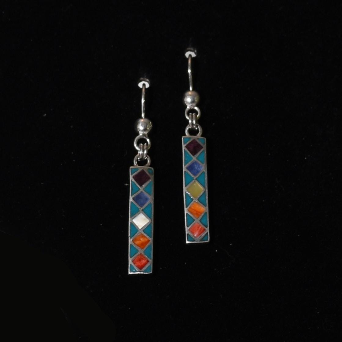 Inca Calendar Earrings 950 Silver with Stone and Abalone Inlay Peru Sacred Valley E52508