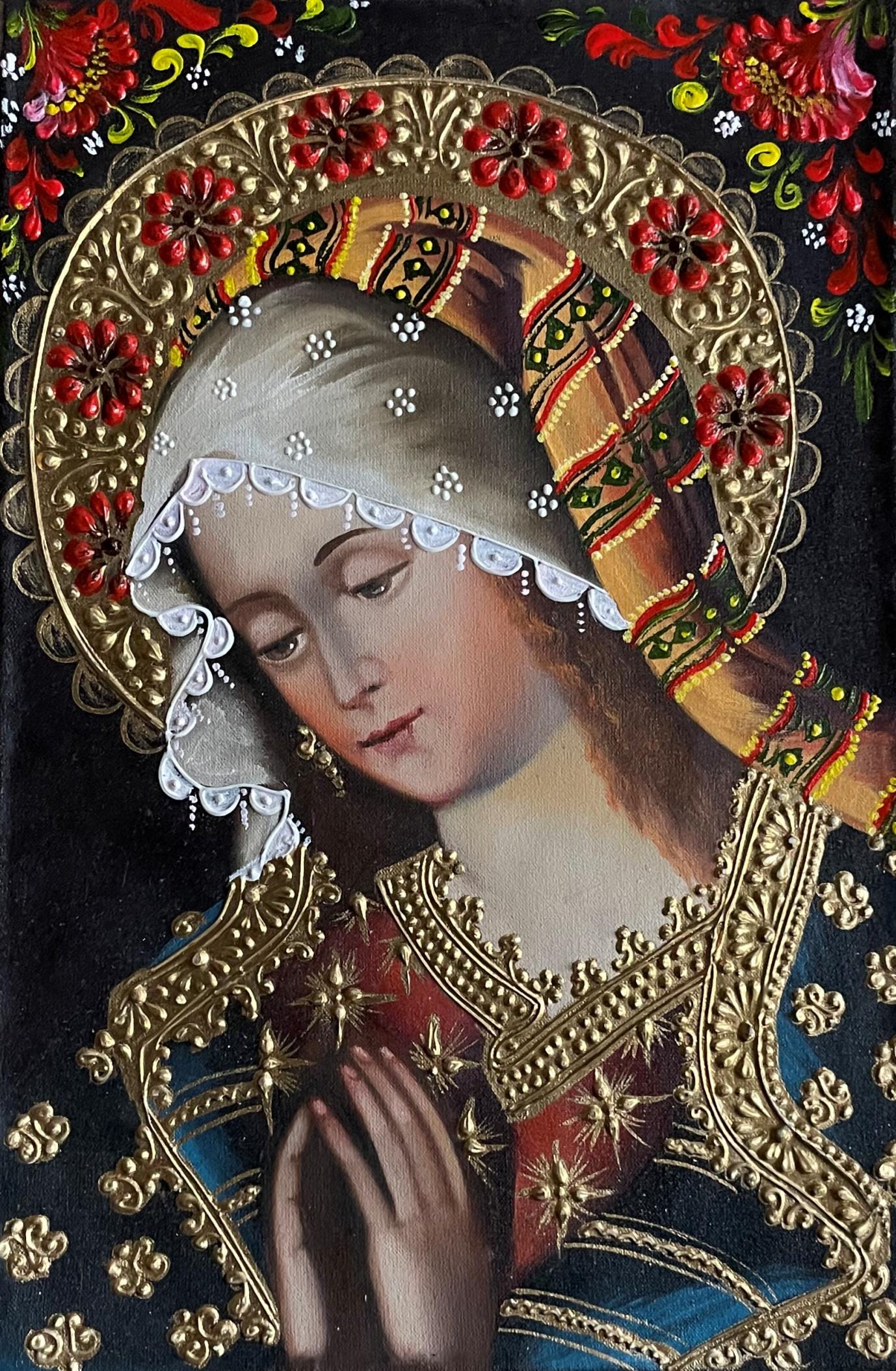Madonna Virgin Mary Original Painting Oil on Canvas Cusco School 7 3/8 x 11 1/4 CS52517