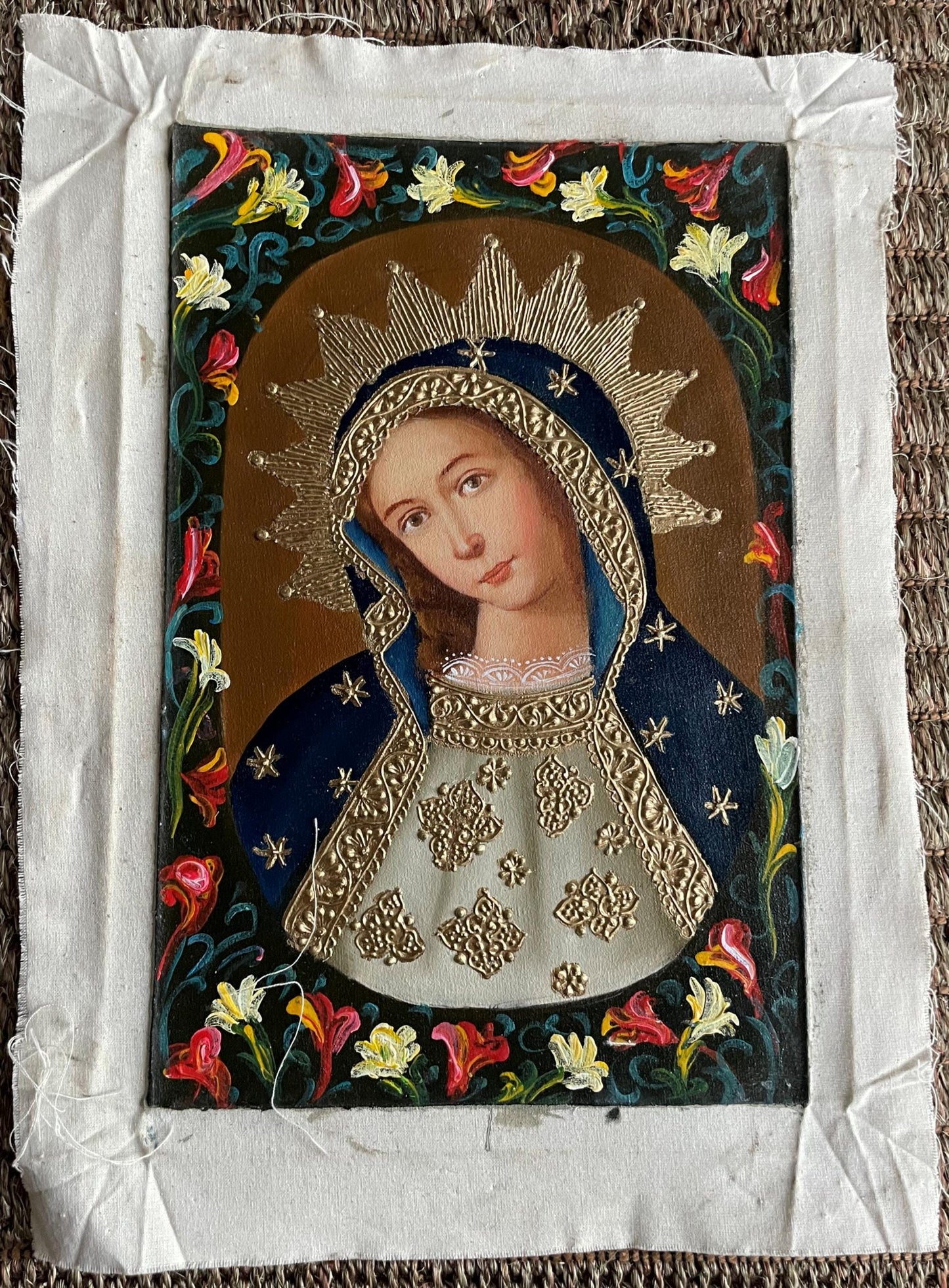 Madonna Virgin Mary Original Painting Oil on Canvas Cusco School 7 3/8 x 11 1/4 CS52522