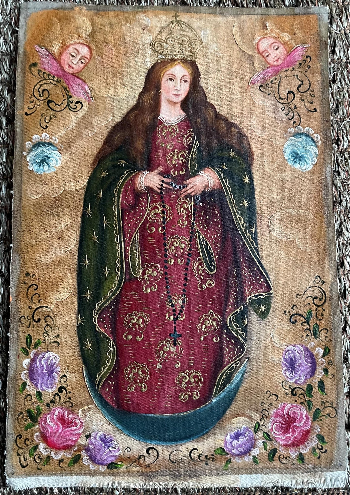 Madonna Virgin Mary Original Painting Oil on Canvas Cusco School 7 3/8 x 11 1/4 CS52524
