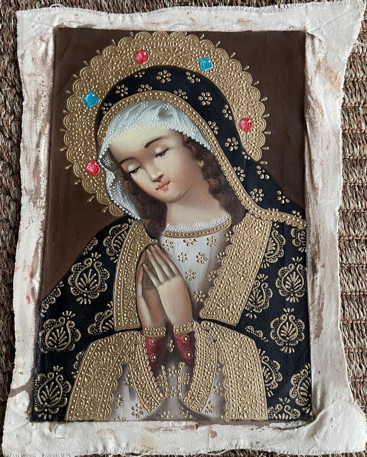 Madonna Virgin Mary Original Painting Oil on Canvas Cusco School 7 3/8 x 11 1/4 CS52525