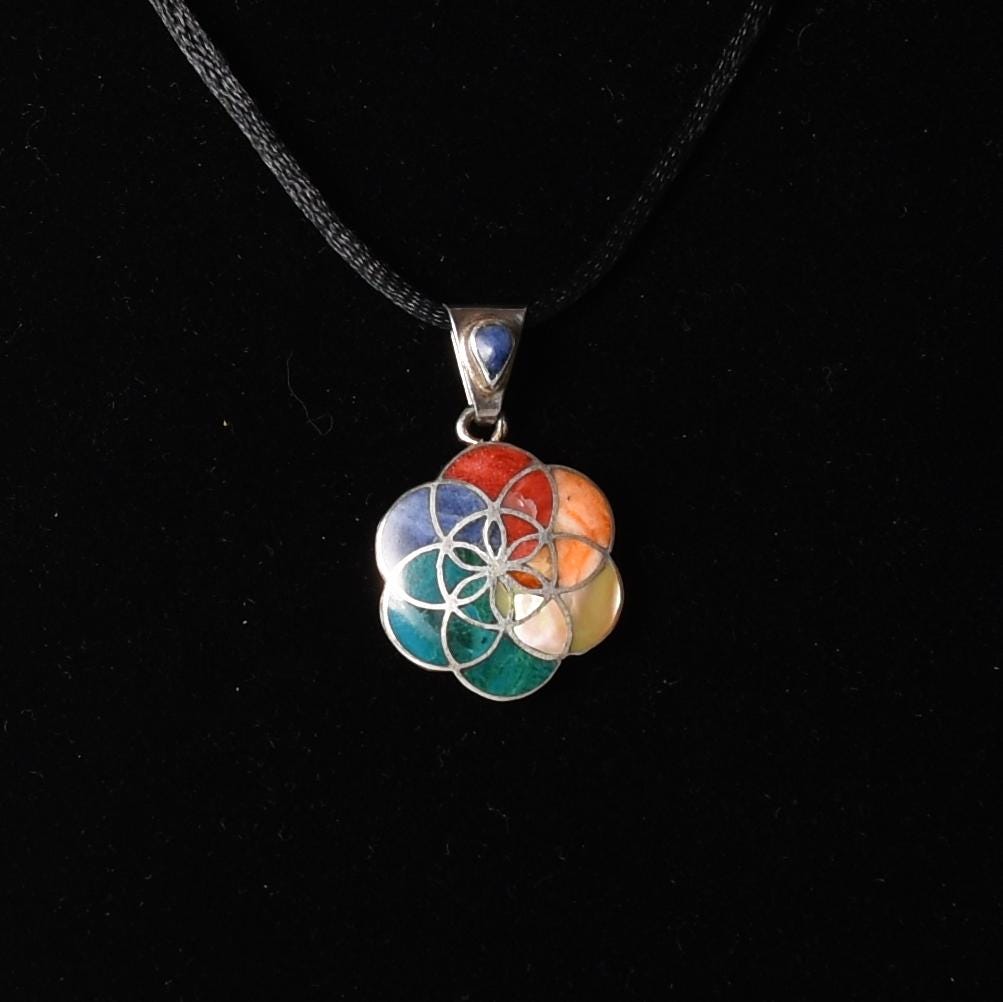 Flower of Life Mandala Pendant with Stone and Abalone Inlay Peru 950 Silver Sacred Valley P52540