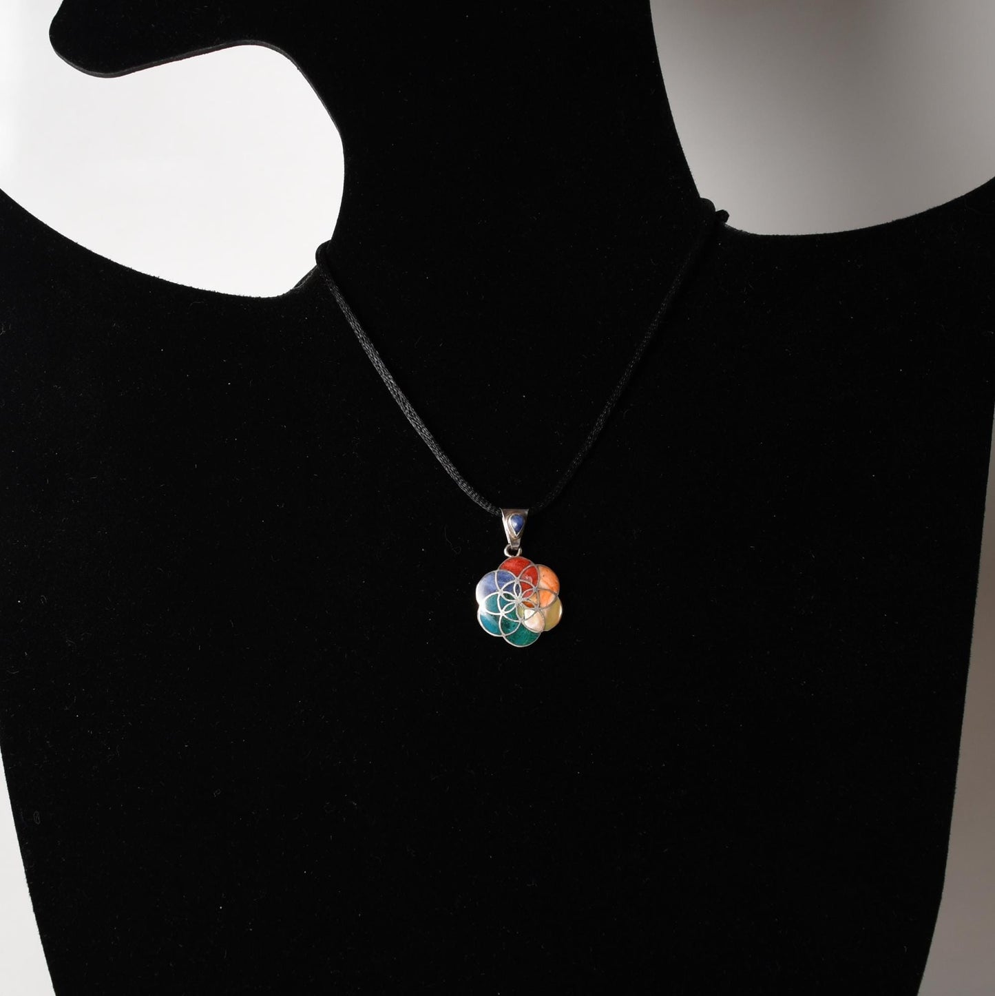 Flower of Life Mandala Pendant with Stone and Abalone Inlay Peru 950 Silver Sacred Valley P52540