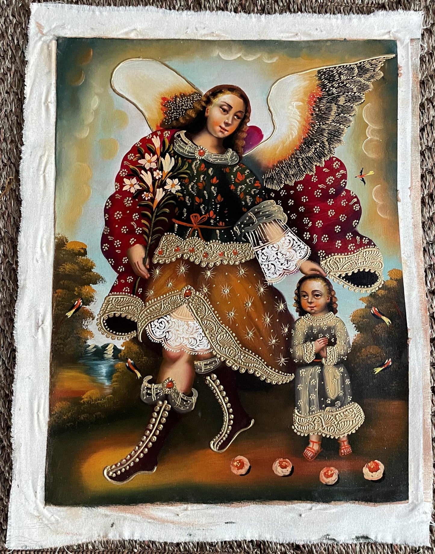 Guardian Angel / Angel de La Guarda Original Painting Oil on Canvas Cusco School 11 1/2 x 15 1/2 CS52539