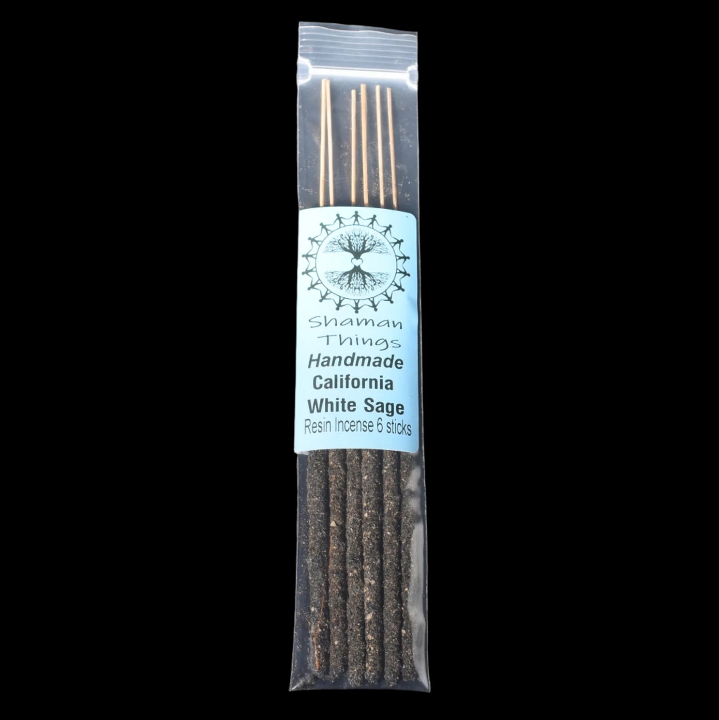 Packaged white sage resin incense sticks with a label on a black background