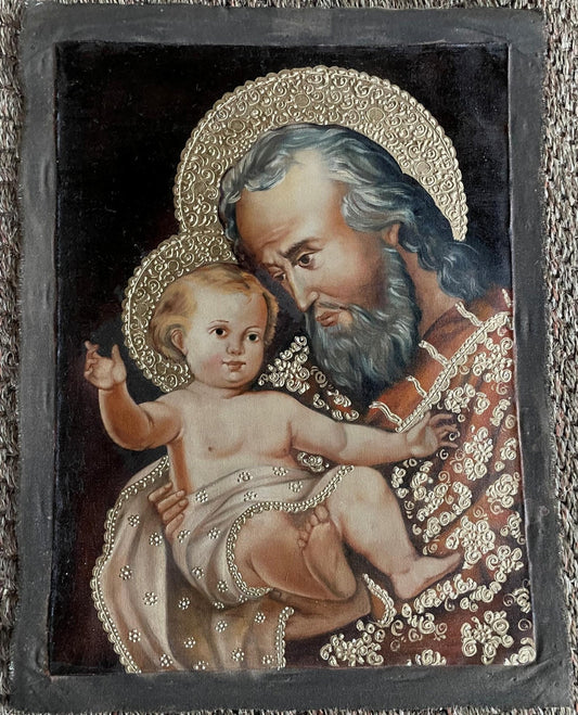 Joseph and Child Original Painting Oil on Canvas Cusco School 11 1/2 x 15 1/2 CS52540 - Shaman Things