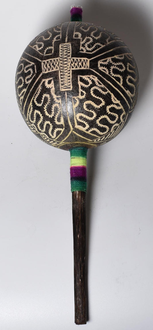 Large Shipibo Ceremonial Rattle with Cross and Shipibo Patterns Handcrafted in Amazon Region Peru R52504 - Shaman Things