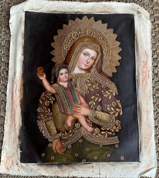 Madonna and Child Original Painting Oil on Canvas Cusco School 12 x 15 1/2 CS52534 - Shaman Things