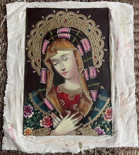 Madonna Virgin Mary Original Painting Oil on Canvas Cusco School 7 3/8 x 11 1/4 CS52523 - Shaman Things