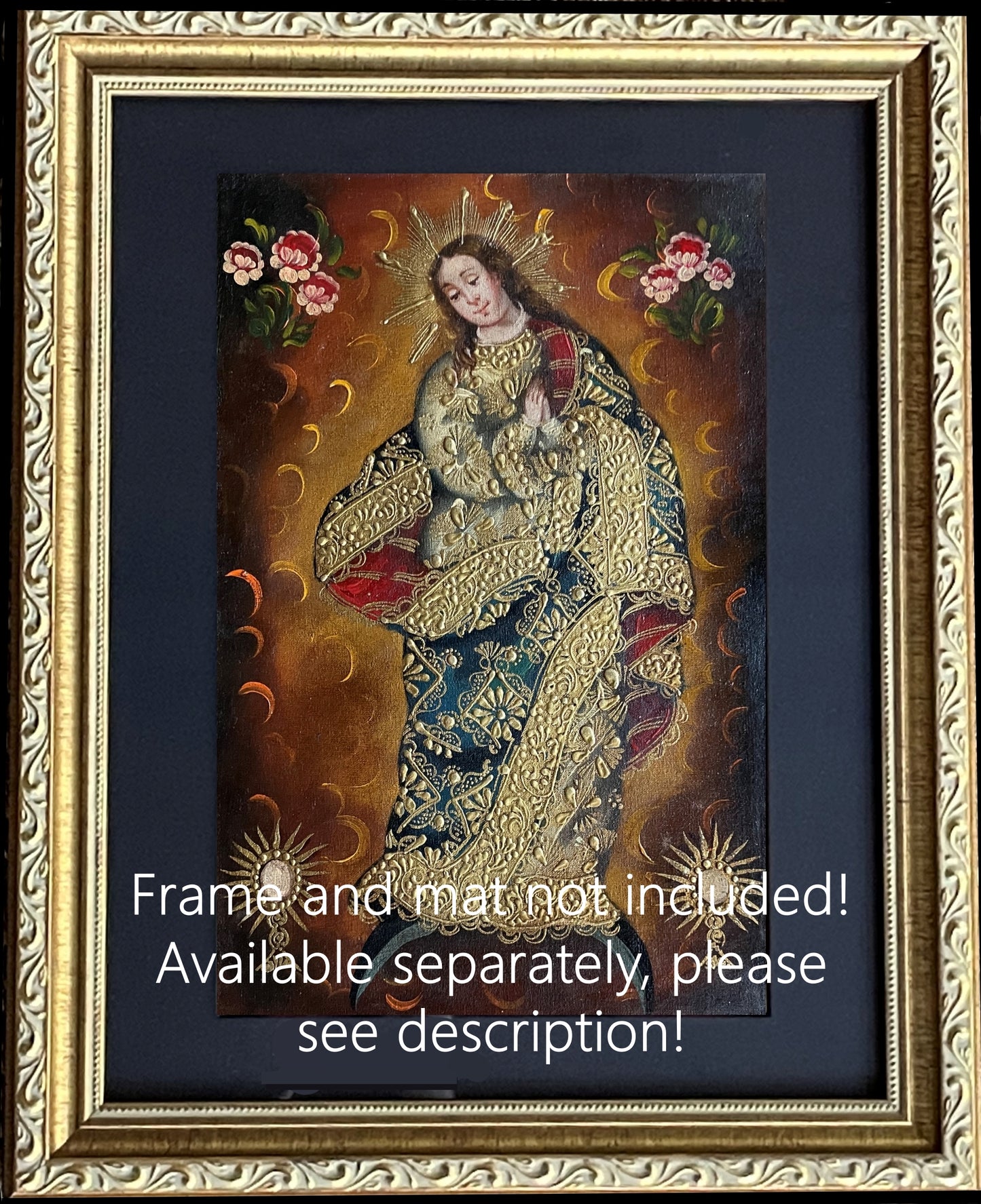 Madonna Virgin Mary Original Painting Oil on Canvas Cusco School 7 3/8 x 11 1/4 CS52508