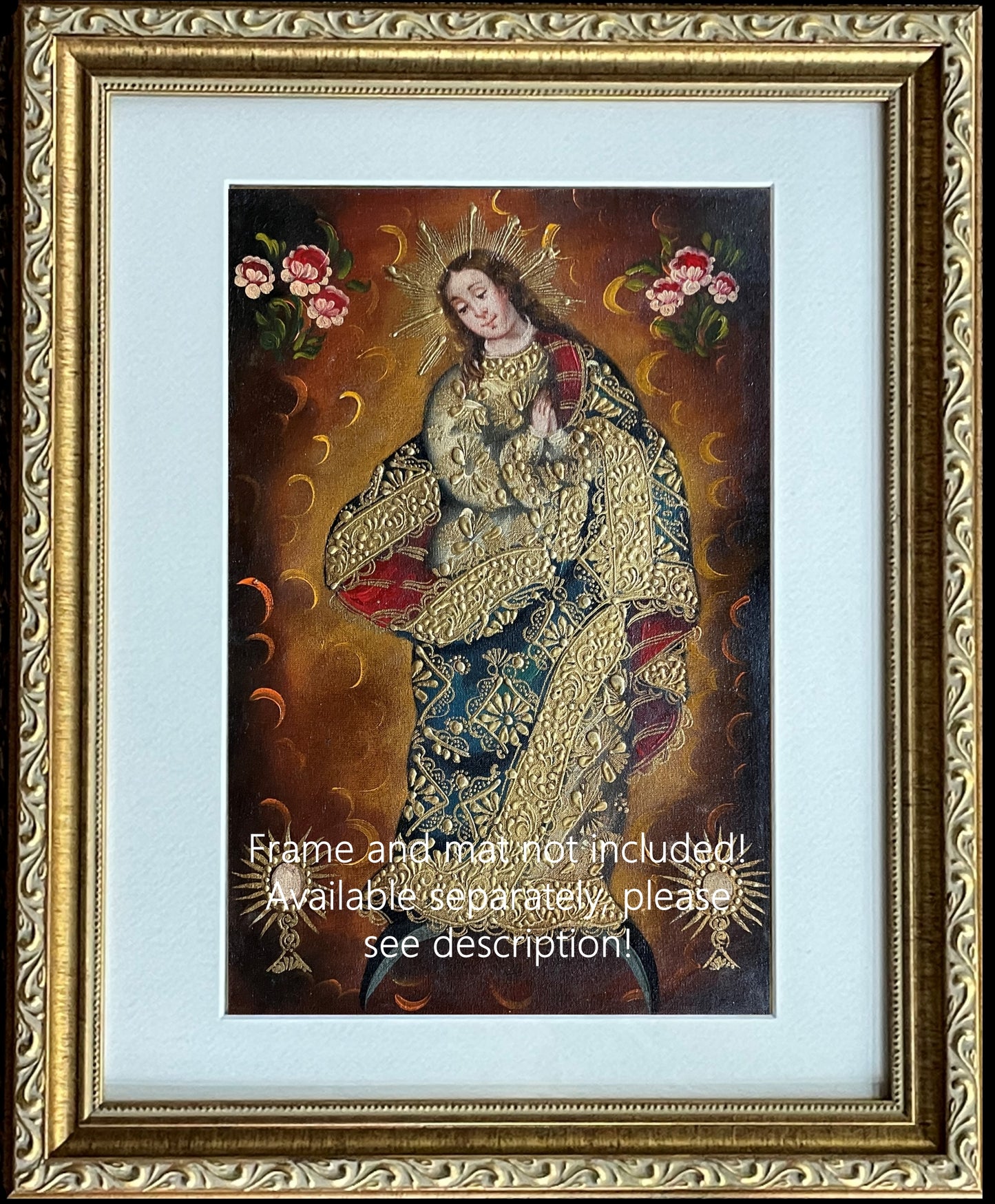 Madonna Virgin Mary Original Painting Oil on Canvas Cusco School 7 3/8 x 11 1/4 CS52508